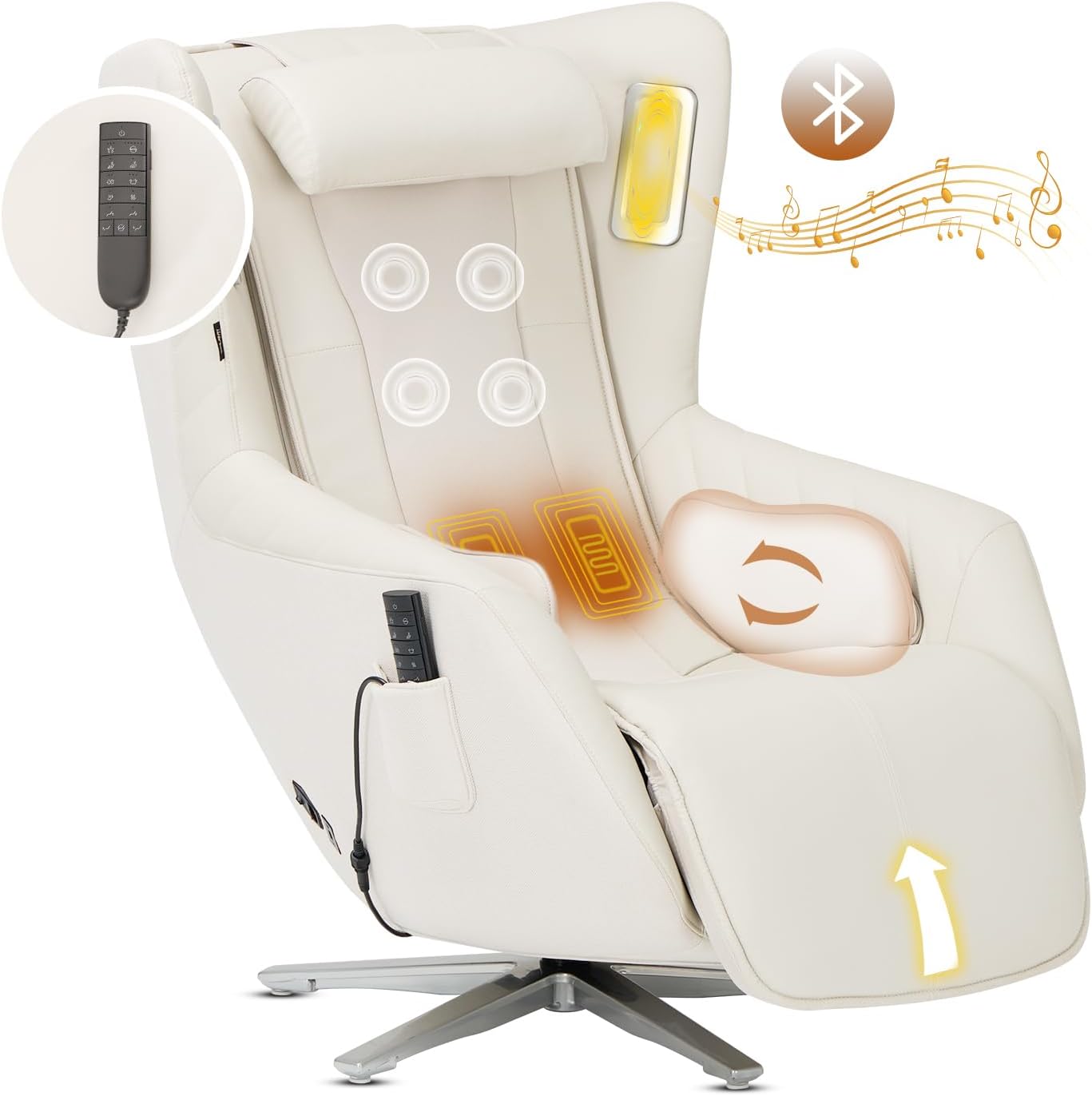 COLAMY Zero Gravity Massage Chair with 4-Zone Massage, Dual Lumbar Heat, Airbag Compression, 360° Swivel, Built-in Bluetooth Speakers & USB Charging, White