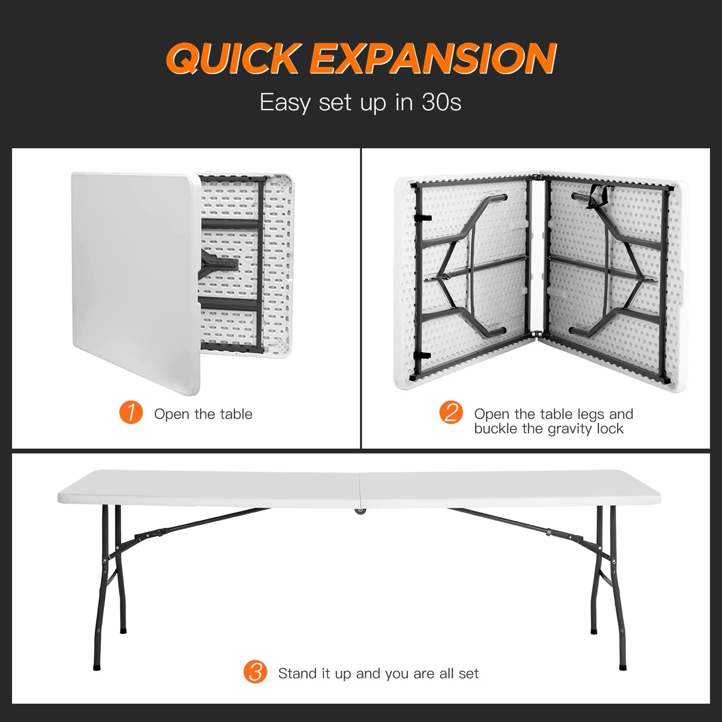 BestOffice 8FT Picnic Table Folding Table Camping Table Plastic Table Fold Up Table Lock for Party Event,White