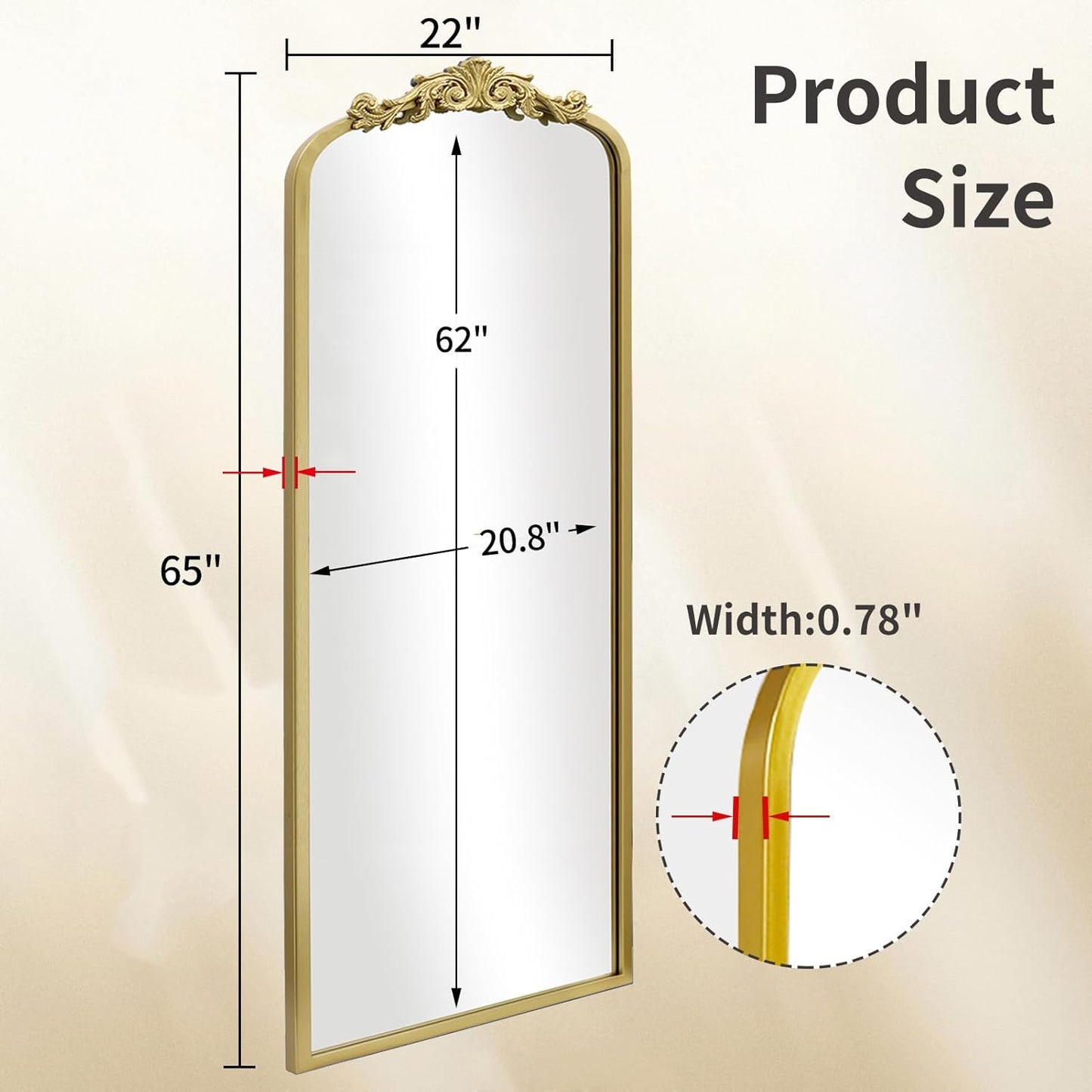 AIXI HOME Arched Gold Antique Full Length Mirror, 22"x65" Traditional Elegant Vintage Floor Body Mirror with Ornate Matel Frame, Baroque Inspired Home Decor for Bedroom/Living Room/Hallway