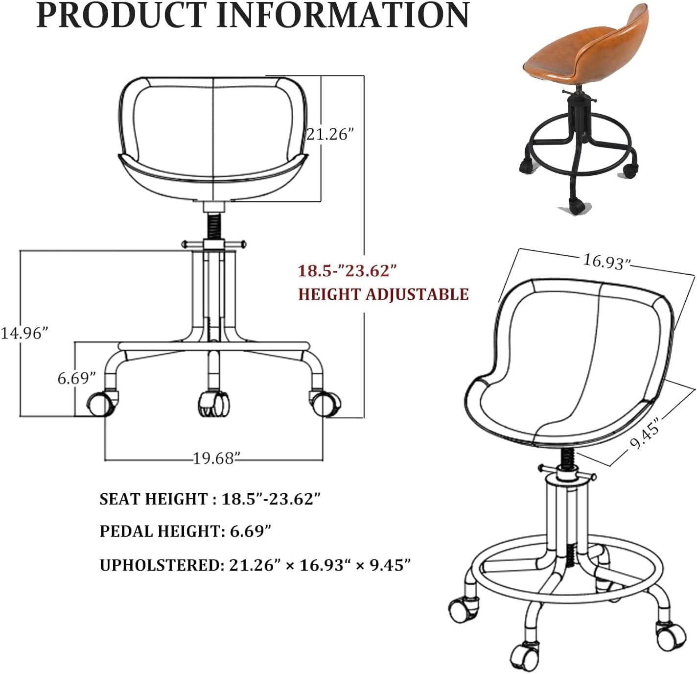 Topower Antique Industrial Design Metal Adjustable Height Kitchen Dining Breakfast Chair Industrial Style Bar Stool with Wheels, Fully Welded, Cinnamon PU Leather Seat