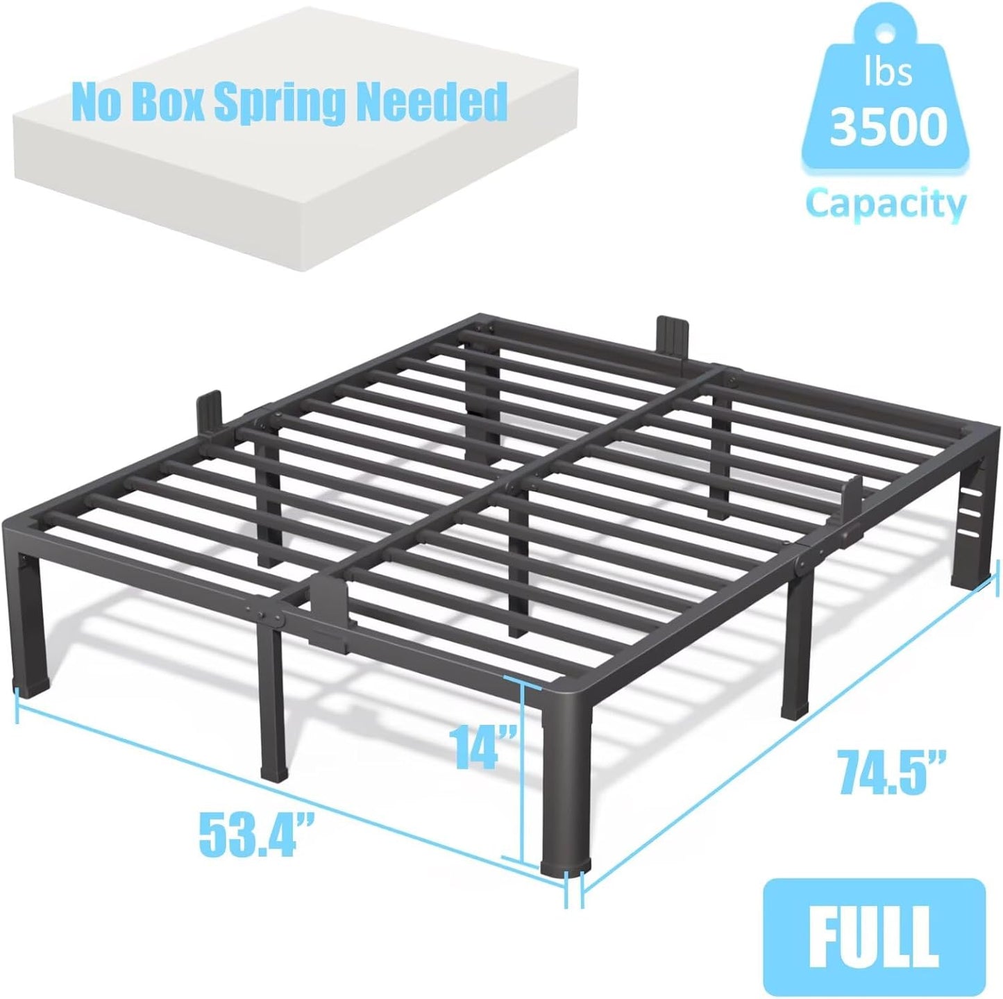FUIOBYVV 14 Inch Full Bed Frame with Rounded Corner and Headboard Hole Mattress Retainers 3500 LBS Metal Heavy Duty Steel Slats Support No Box Spring Needed Platform Noise Free Easy Assembly