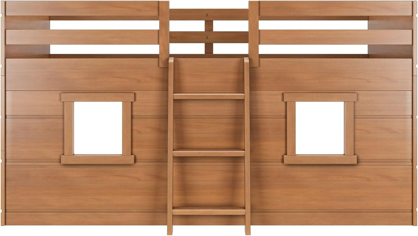 Max & Lily Modern Farmhouse Twin Low Loft Bed with Two Windows - Solid Wood, 15” Guardrails, 400-lb Capacity, Low-VOC Finish, Farmhouse Pecan