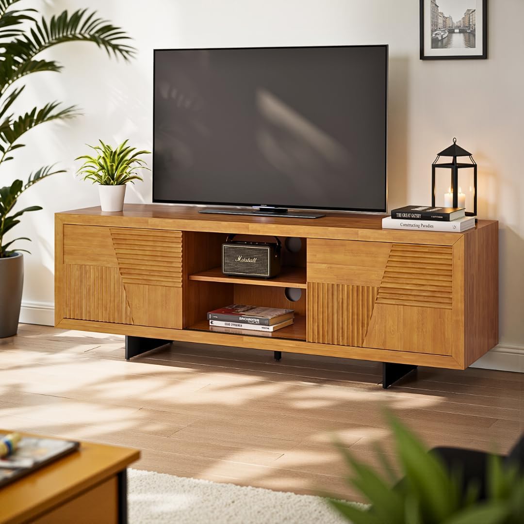 Bme Trapeze TV Stand for Living Room – Wooden Media Console with Storage, Metal Legs, Large Teak Brown TV Stand for Stylish Home Entertainment Setup