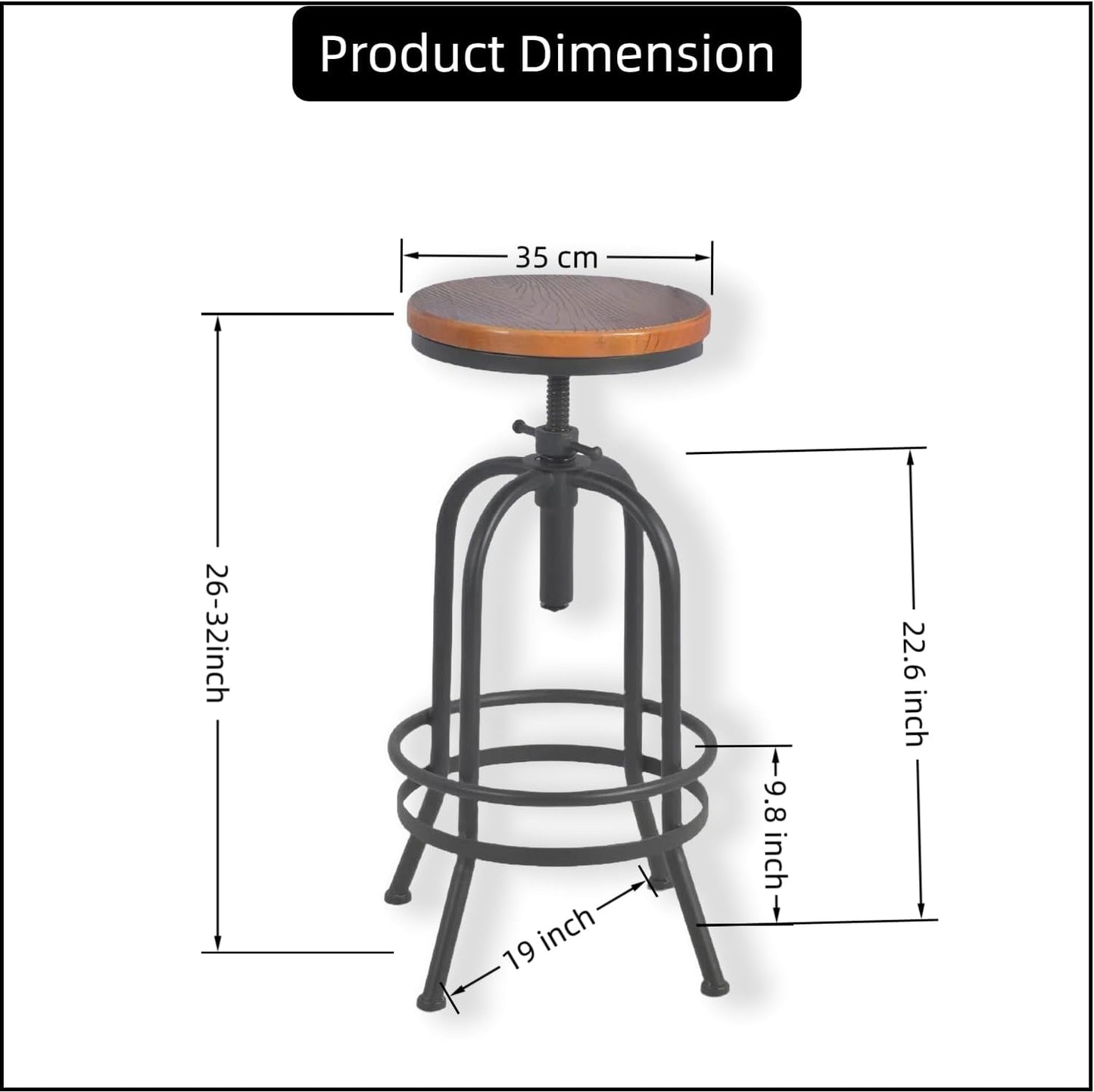 Set of 2-Industrial Bar Stool-Retro 26-32.3inch Swivel Stools-Extra Tall Kitchen Chair-Bar Counter Height Adjustable-Fully Welded (Black 2PCS)