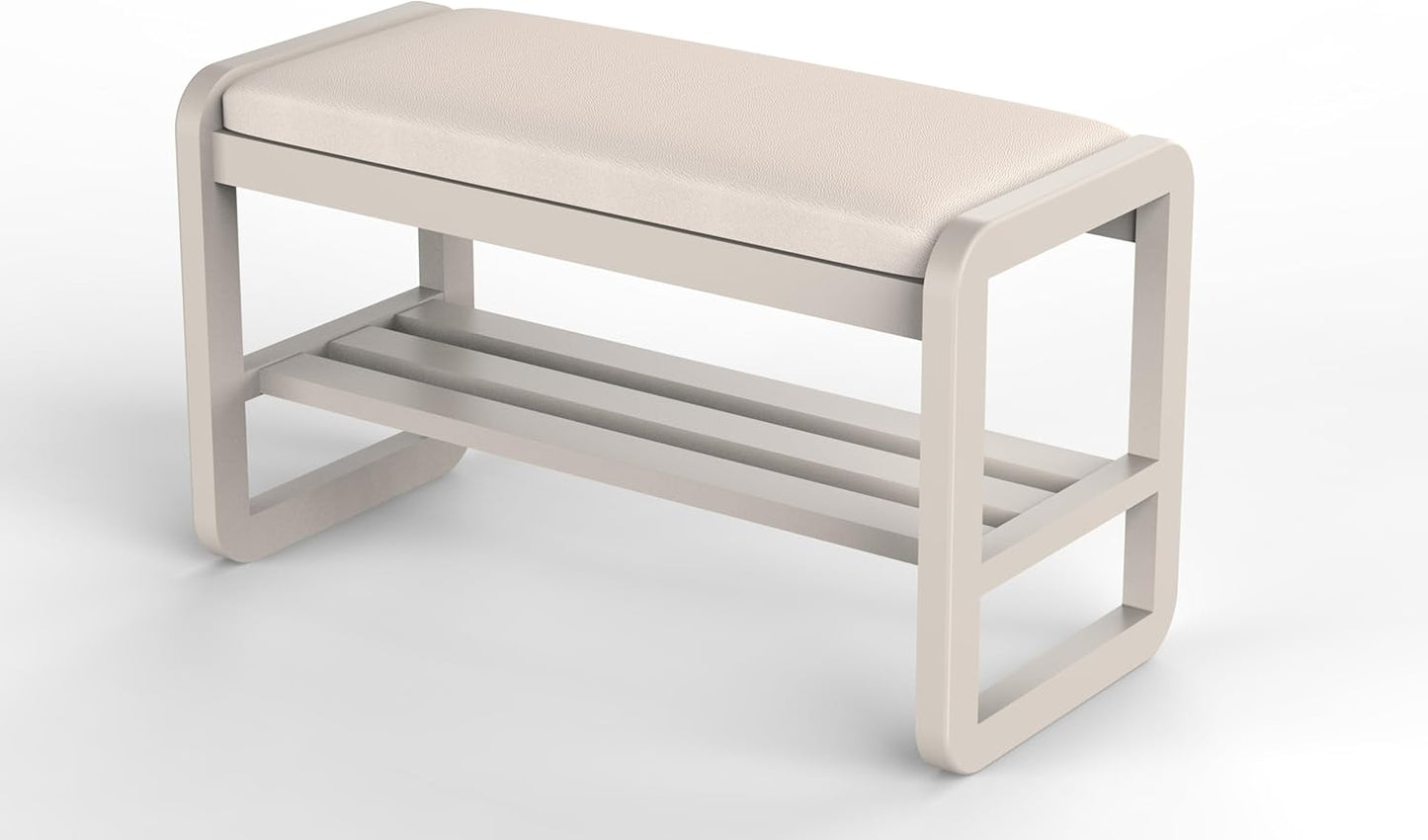 Solid Wood Shoe Rack, 2 Tier Shoe Storage Bench with Cushion Seat, 8 Pair Shoe Organizer for Entryway, White, 32 Inch