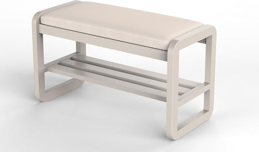 Solid Wood Shoe Rack, 2 Tier Shoe Storage Bench with Cushion Seat, 8 Pair Shoe Organizer for Entryway, White, 32 Inch