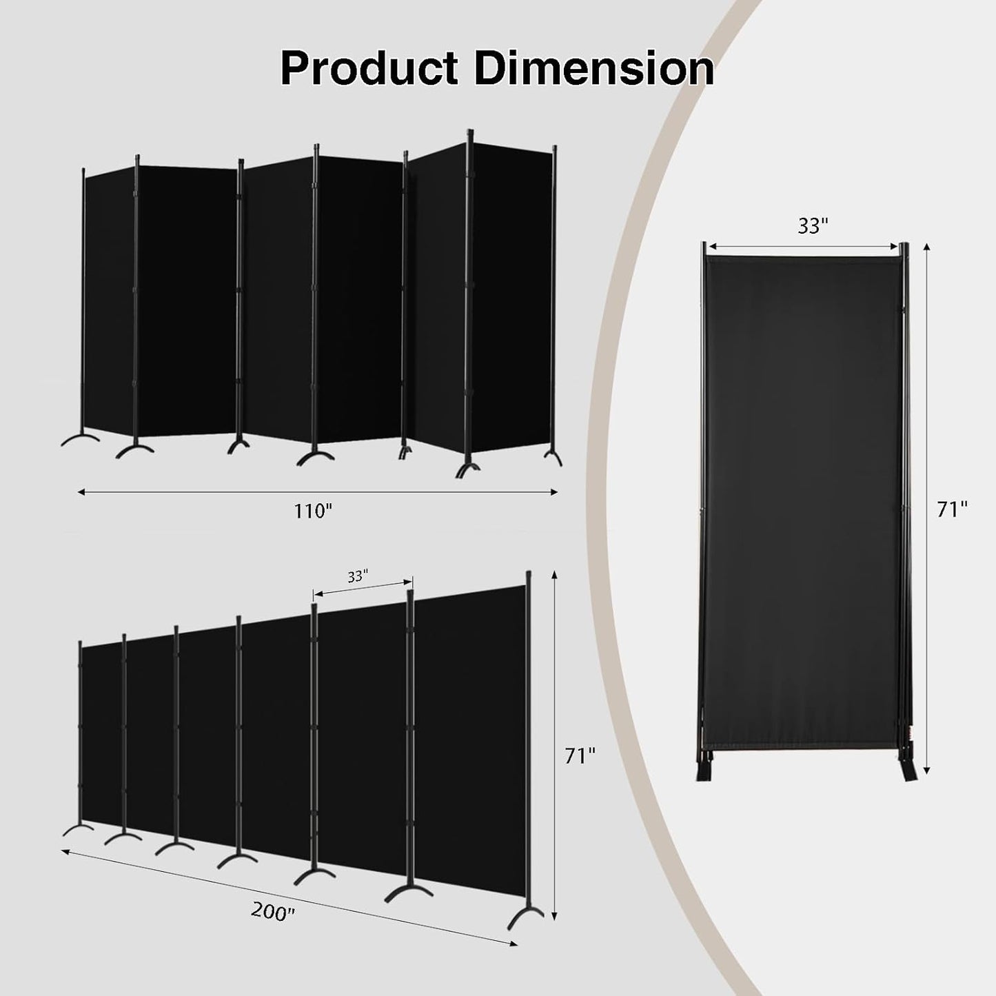 Room Divider 6-Panel Privacy Screen, Portable Screen Steel Frame with Hook&Loop for Home, Office, Classroom, Studio, Meeting (Black)