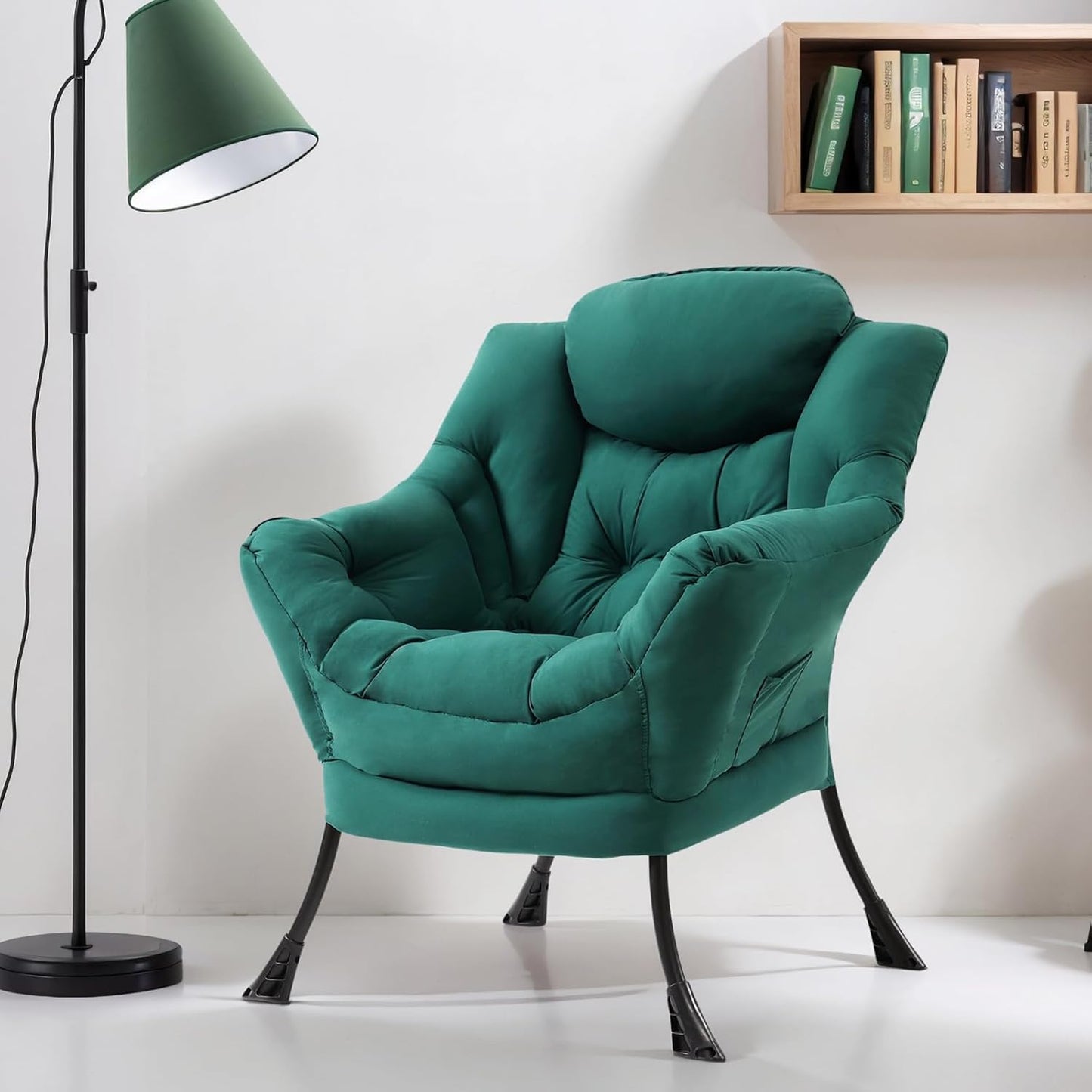 Lazy Chair for Living Room, Modern Accent Chairs with Armrests, Comfy Lounge Chair with Side Pocket, Cozy Lazy Sofa for Reading, Balcony, Bedroom, Dorm, Small Spaces (Dark Green)