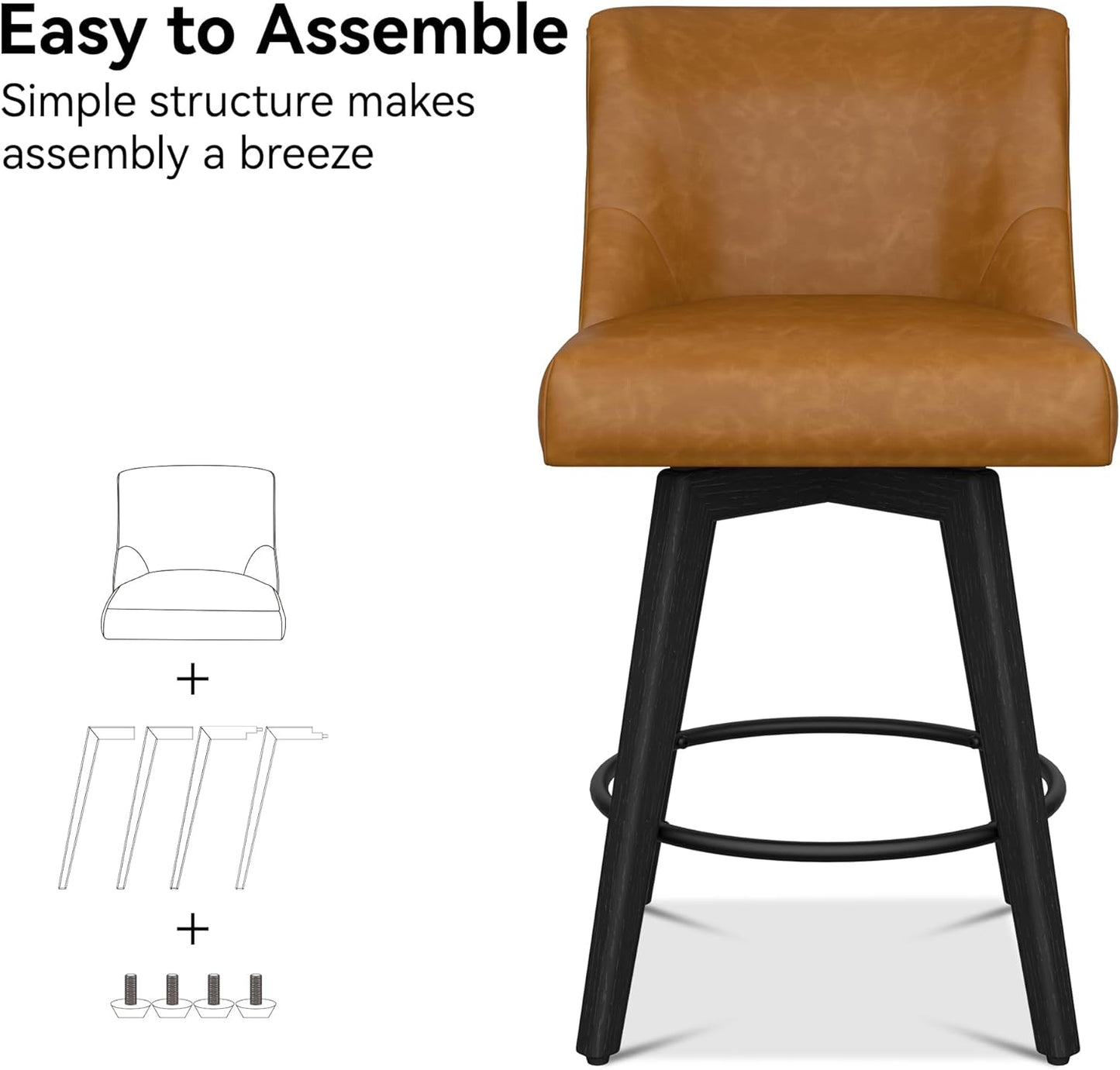 Counter Height Bar Stools Set of 3, Modern Swivel Barstools with Back and Wood Legs, Faux Leather Upholstered Bar Chairs, 26" H Kitchen Counter Stools, Kitchen Island Home Bar, Whisky Brown