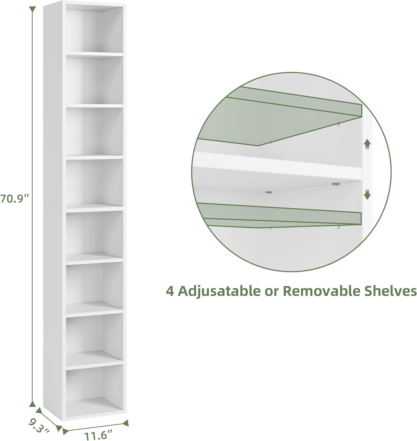 Bamjoy 71 Inches Tall Narrow Bookshelf, 8-Tier CD DVD Slim Media Tower Rack, Corner Bookcase with Adjustable Shelves, Skinny Cubes Bookshelves for Home Office Small Space, White