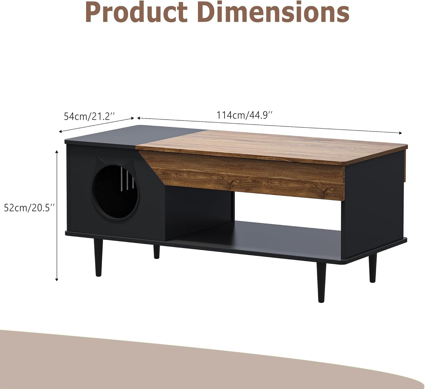 GAOMON Black Coffee Table 45'' Cat Living Room Tables with Storage Drawer, Wooden Rustic Coffee Table with Cat House, Multifunctional Hidden Kitty Litter Box Furniture
