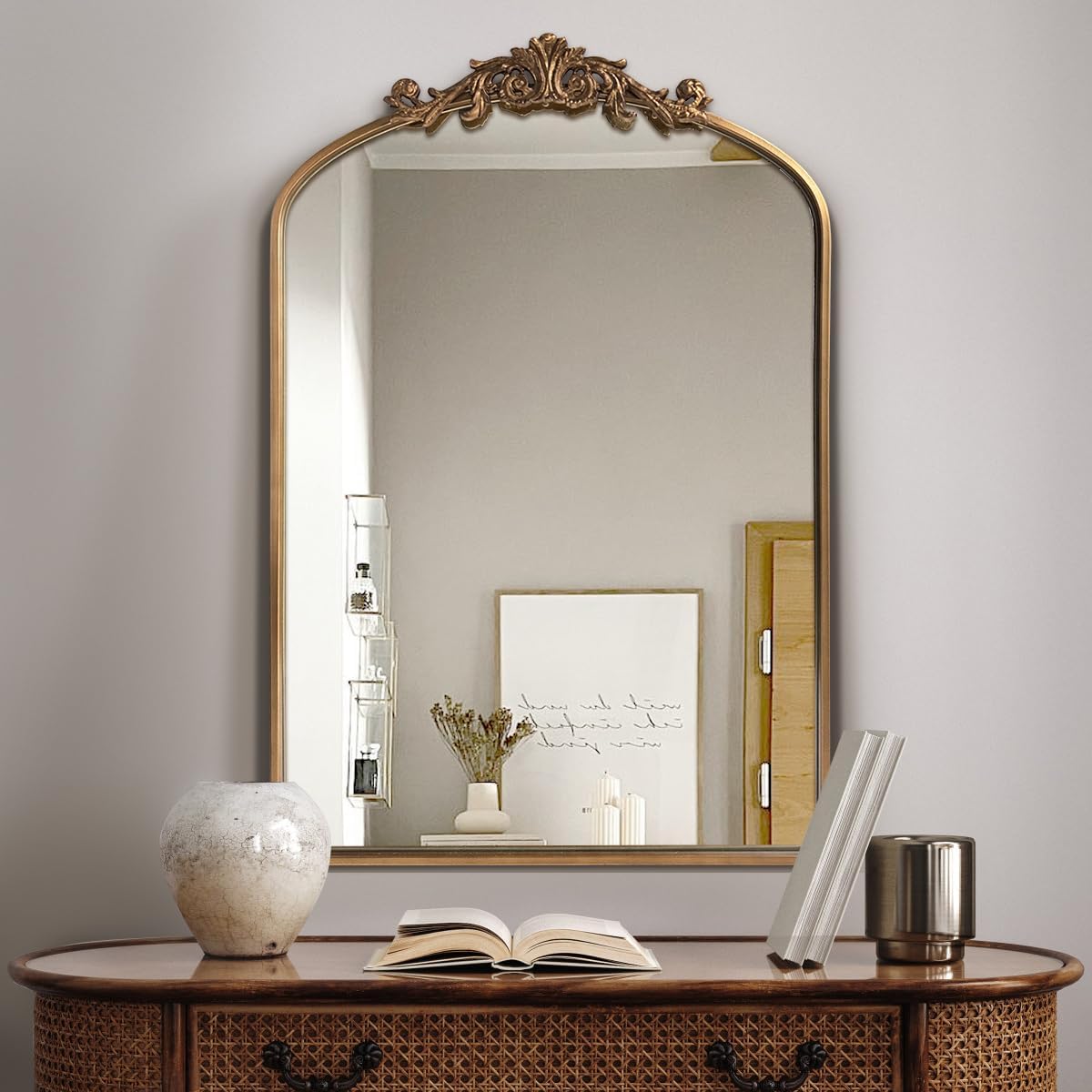 WAMIRRO Antique Mirror,Gold Traditional Vintage Ornate Baroque Arched Brass Mirrors Entryway/Fireplace/Living Room/Hallway/Bathroom 24"X36"