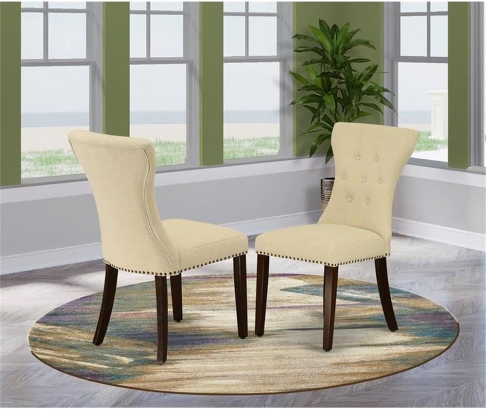 East West Furniture GAP3T32 Gallatin Parsons Dining Chairs - Button Tufted Nailhead Trim Light Beige Linen Fabric Padded Chairs, Set of 2, Mahogany