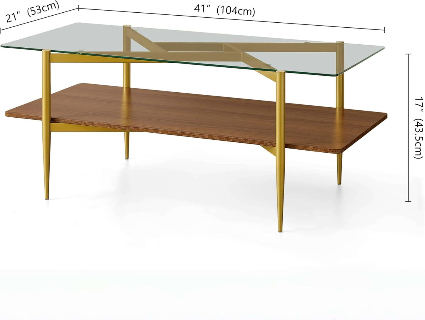 Rectangle Coffee Table, Mid-Century Modern Design, L41*W21*H17 inch, for Living Room, Clear Glass Top and Walnut Finish Wood Shelf, Conical Metal Legs with Gold Finish