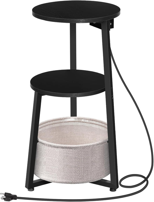HOOBRO Small Round Side Table with Charging Station, Round End Accent Table with Fabric Storage Basket, Compact Circle Nightstand for Small Space in Living Room, Bedroom, Black BB169UBZ01