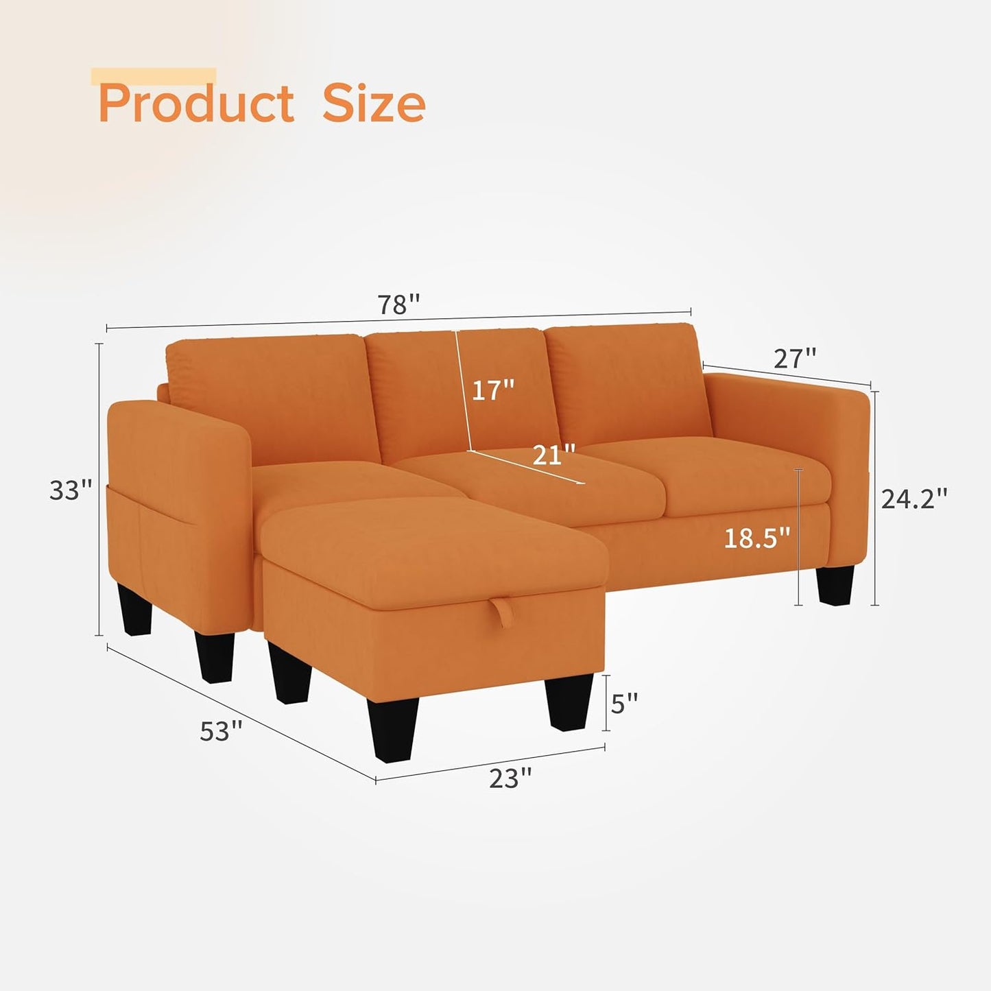 ZeeFu Convertible Sectional Sofa Couch,Classic 3 Seat L-Shaped Sofa Set with Movable Ottoman, Modern Orange Velvet Upholstered Small Sectional Sofa Couch for Small Space Apartment Living Room Office