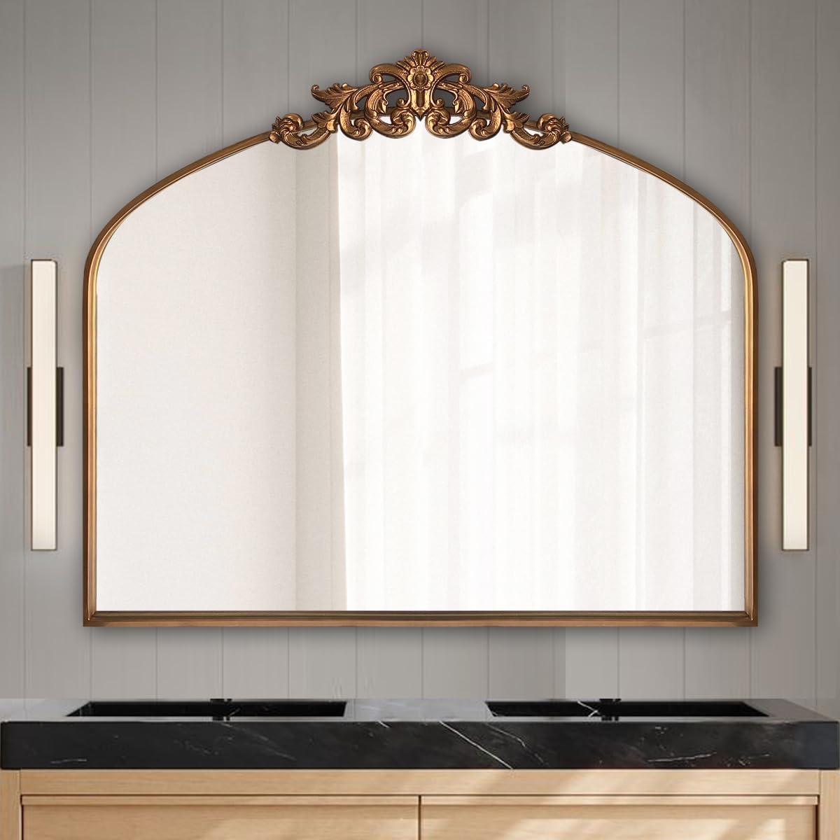 WAMIRRO Ornate Gold Mirror,Vintage Arched Baroque Antique Mirorrs for Living RoomHallwayFireplaceBathroomEntryway 36"X30"