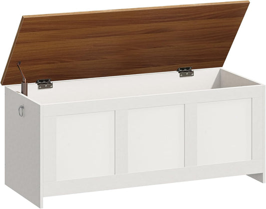 HOOBRO Storage Bench, 43.3" Retro Wooden Storage Chest, Wooden Storage Trunk, Toy Chest with Lift Top, Multifunctional Entryway Organizer, for Entryway, Living Room, White and Walnut WH411CW01