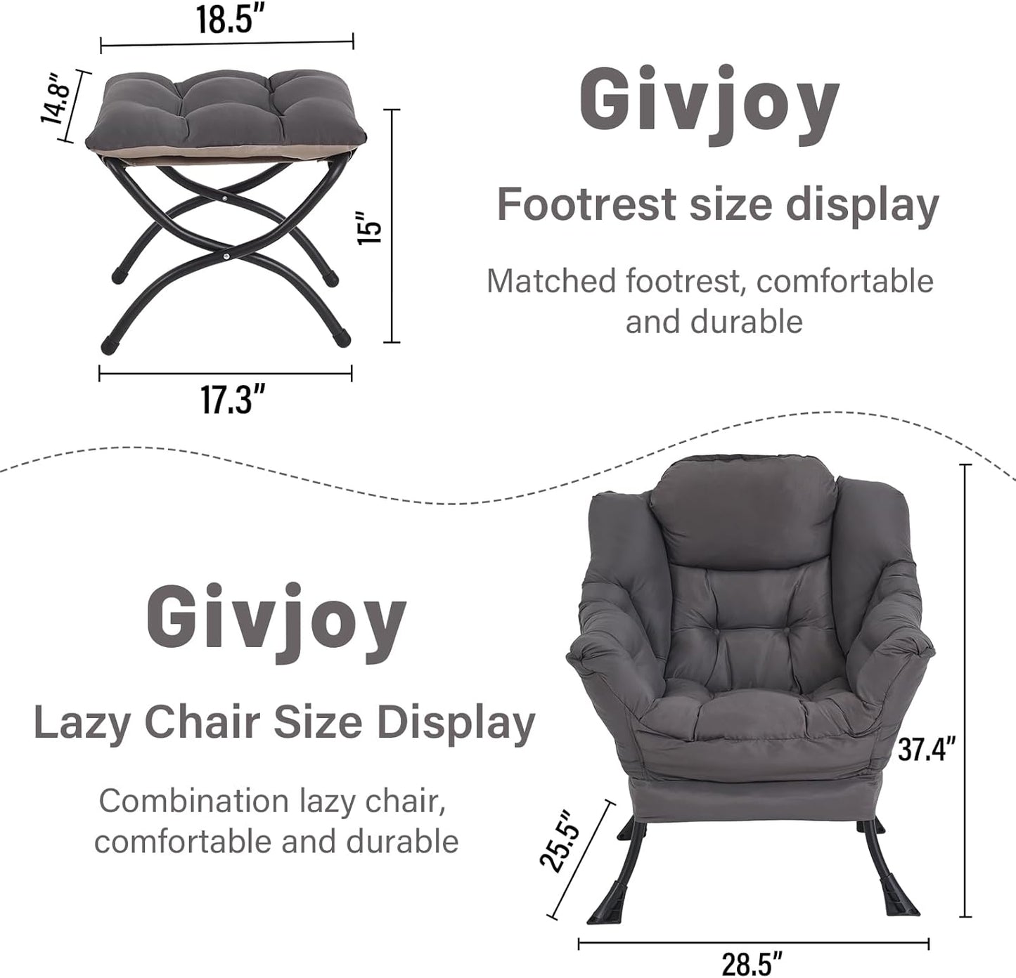 Lazy Chair and Ottoman, Large Accent Lounge Chair with Armrests and a Side Pocket, Modern Leisure Upholstered Sofa Reading Armchair with Footrest for Bedroom, Living Room, Dorm Rooms, Office