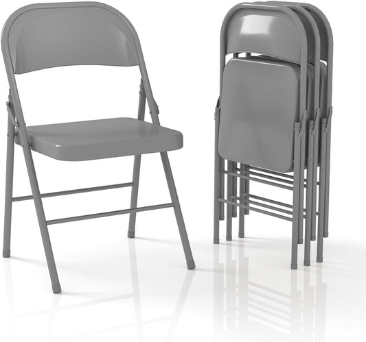 Metal Folding Chairs Steel Frame with Double Hinged for Office Kitchen Dinning Wedding Patio and Garden,No Assembly, Set of 4, Grey