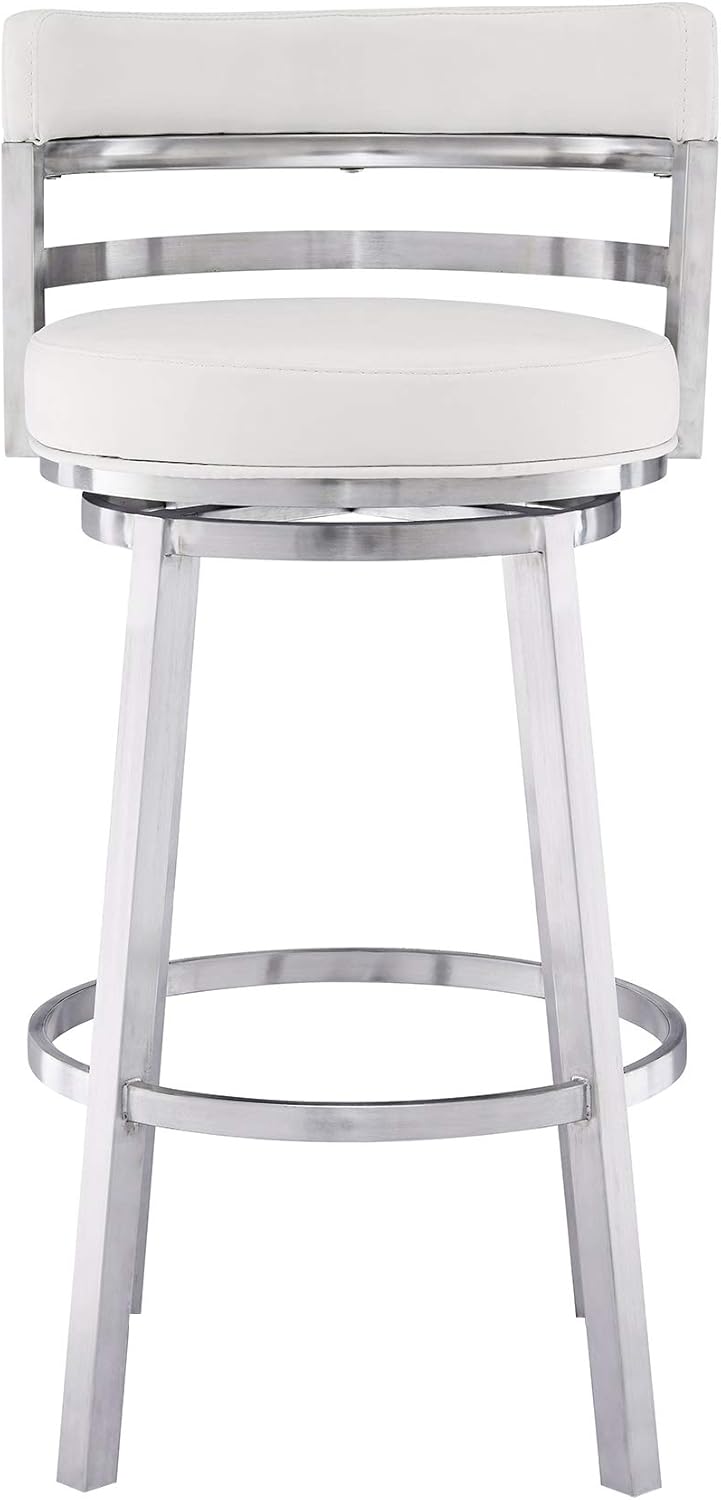 Armen Living Madrid 30" Seat Height Swivel White Faux Leather and Brushed Stainless Steel Bar Stool for Kitchen Island Counter