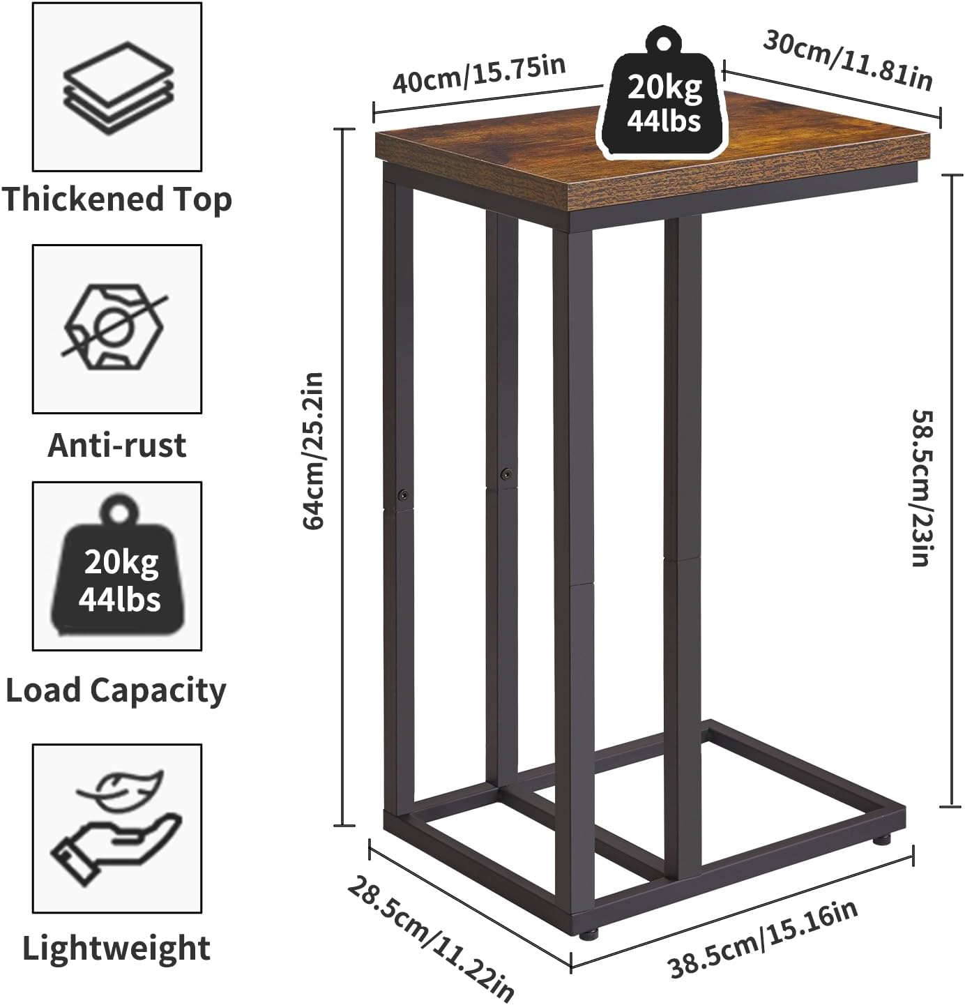 Side Table Small End Table C Shaped, Slide Under Laptop Desk for Couch, Living Room Side Table, TV Trays for Eating on Couch, Rustic Brown+Black YD-TM051HB-2
