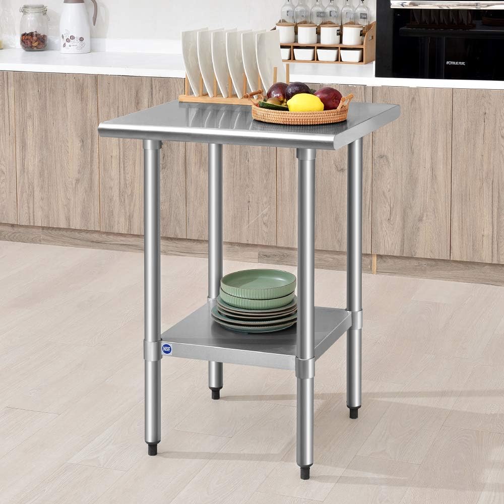 ROCKPOINT Stainless Steel Table for Prep & Work 24x24 Inches, NSF Metal Commercial Kitchen Table with Adjustable Under Shelf and Table Foot for Restaurant, Home and Hotel