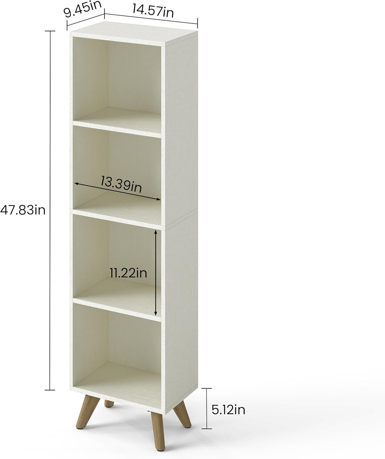 Manora Small Bookcase with 4 Open Shelves, Modern White Bookshelf with Wooden Legs, Narrow Storage Organizer for Living Room, Bedroom, Office