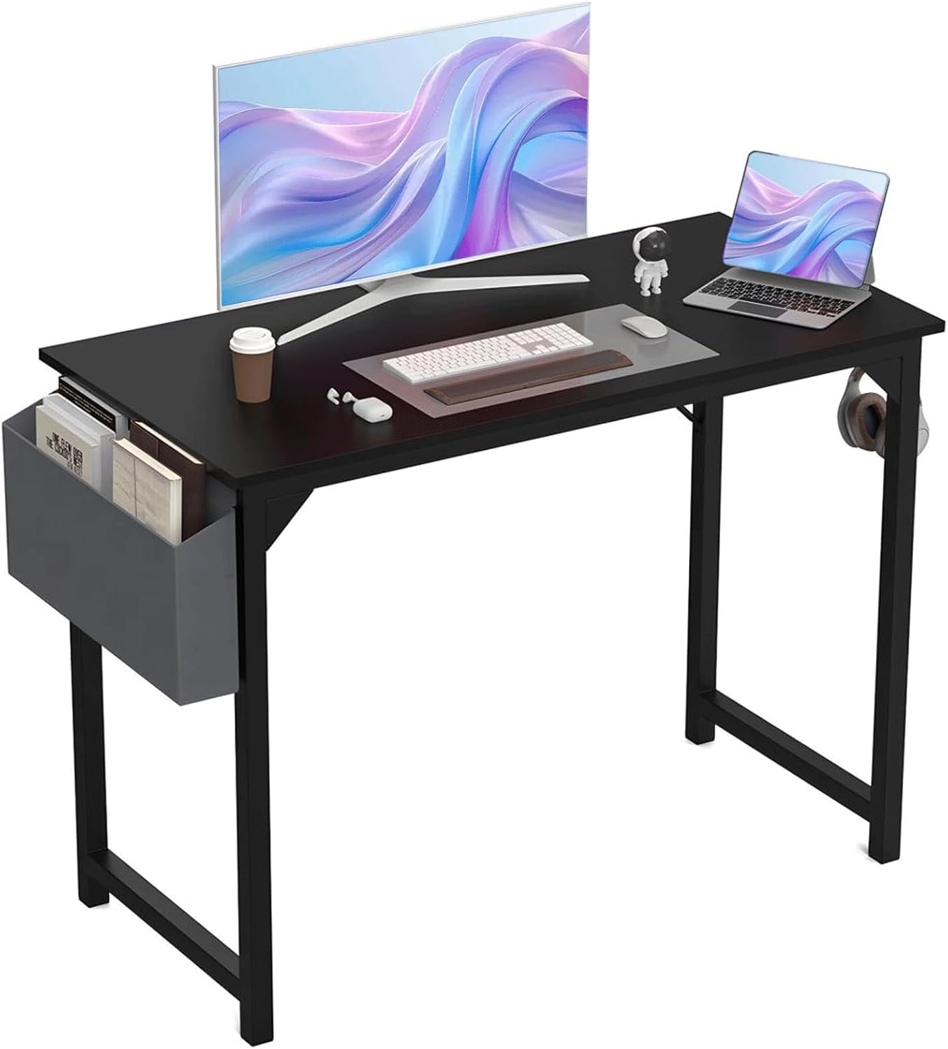 40 Inch Desk Office with Storage, Modern Simple Style Gaming Computer Table for Youth Student Adult, Metal and Wood Home Office Furniture, Black