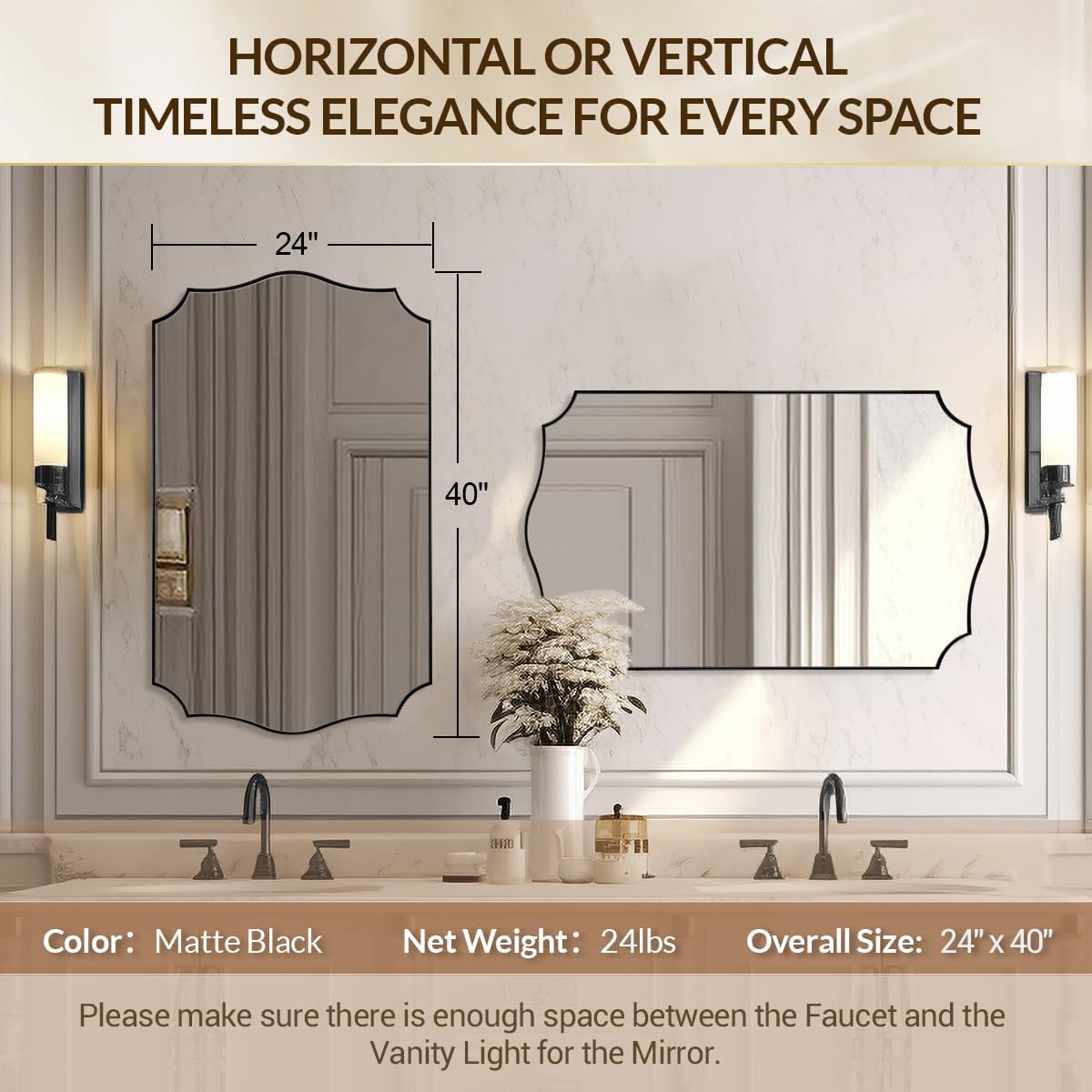 24x40 Black Mirror, Asymmetrical Vanity Mirror, Irregular Wall Mirror for Bathroom, Modern Mirror Wall Mounted Metal Framed for Bathroom, Bedroom, Living Room, Mantel