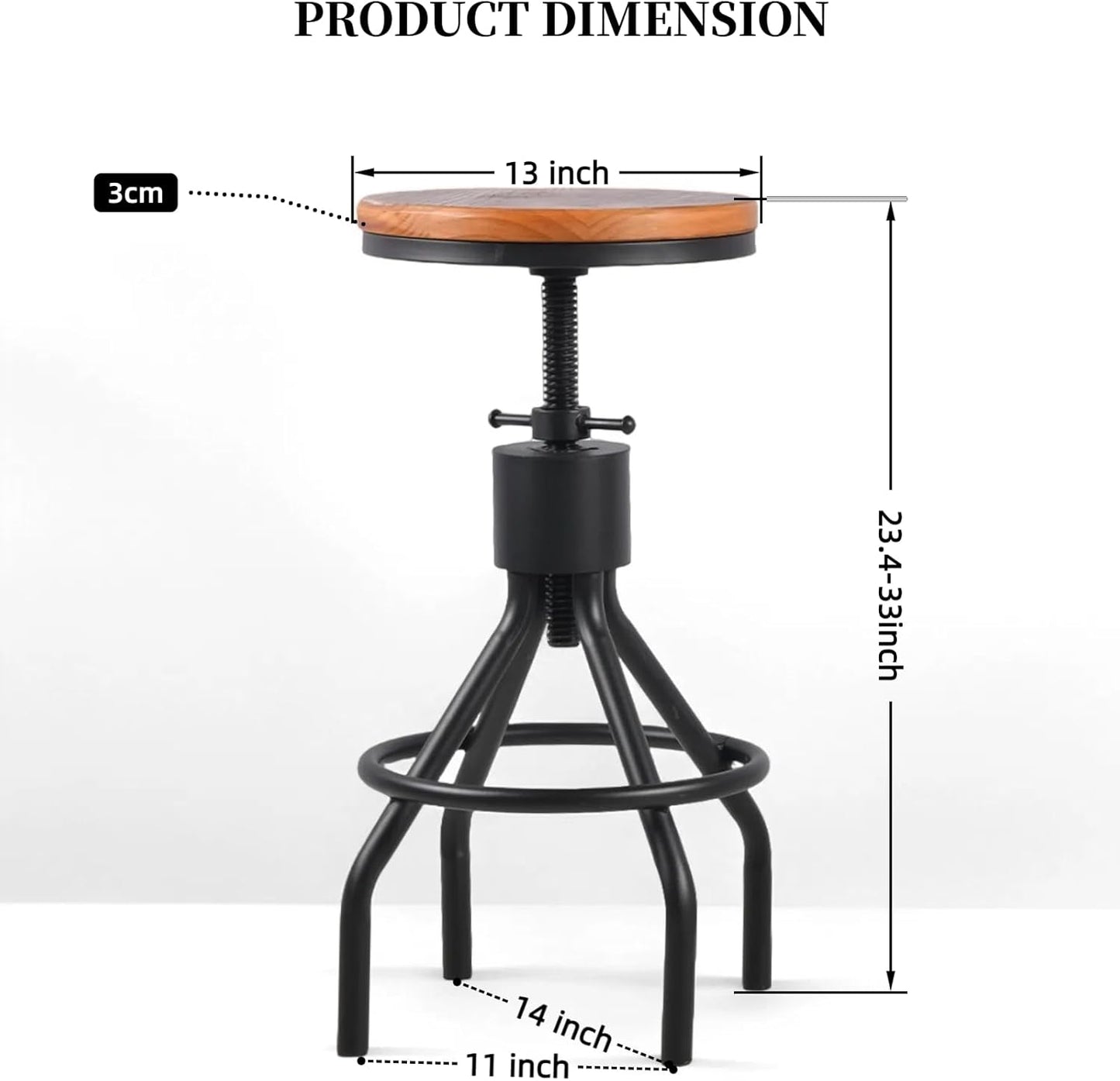 Industrial Bar Stool-Set of 2-Swivel Counter Coffee Chair-Extra Pub Height Adjustable 22-33 inch