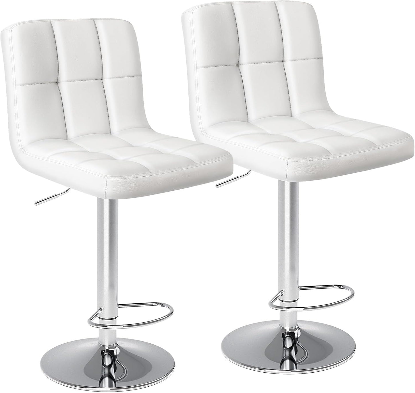 DUMOS Bar Stools Set of 2, Armless Adjustable Swivel Barstools, PU Leather Hydraulic Kitchen Counter Height Bar Stools, Thickened Seat Cushion Square Island Barstools with Back, White