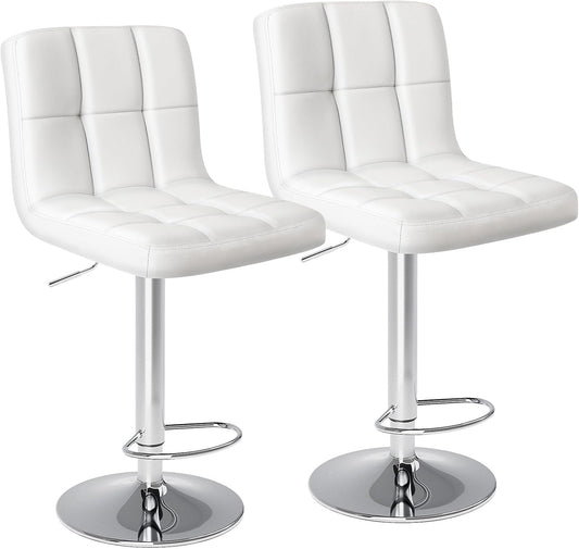 Sweetcrispy Bar Stools Set of 2, Armless PU Leather Adjustable Swivel Barstools, Hydraulic Kitchen Counter Height Thickened Seat Cushion Square Island Countertop Chairs with Back - Modern White