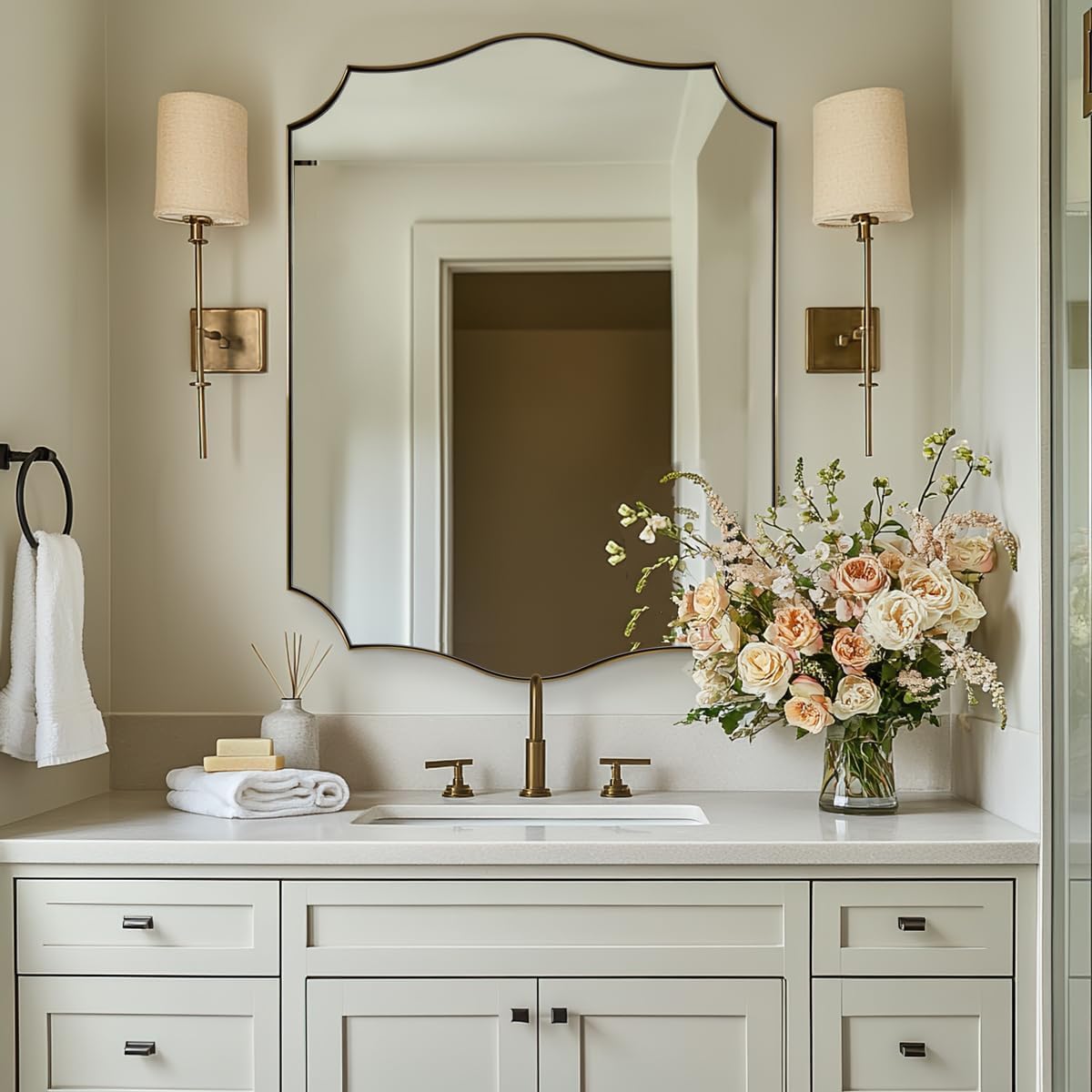 ANDY STAR 30"x40" Brushed Gold Bathroom Mirror, Large Rectangle Scalloped Mirror, Antique Brass Mirror in Rust-Proof Stainless Steel 1" Frame, Unique Wavy Design, Ideal for Home Remodel