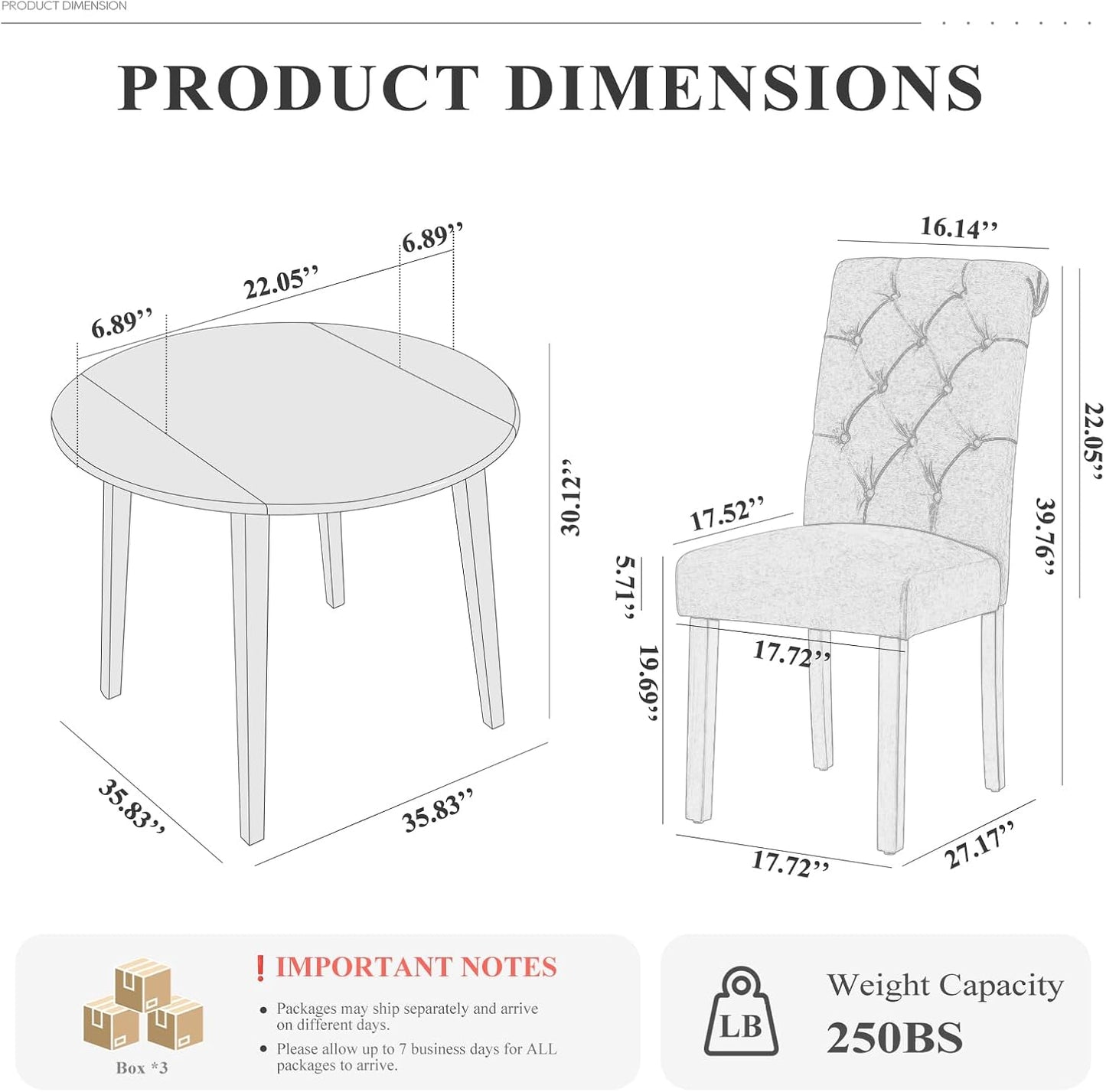 COLAMY 5-Piece Extendable Dining Table Set for 4, 36" Kitchen Round Wood Table with 4 Tufted Dining Room Chairs,Light Brown/Light Grey