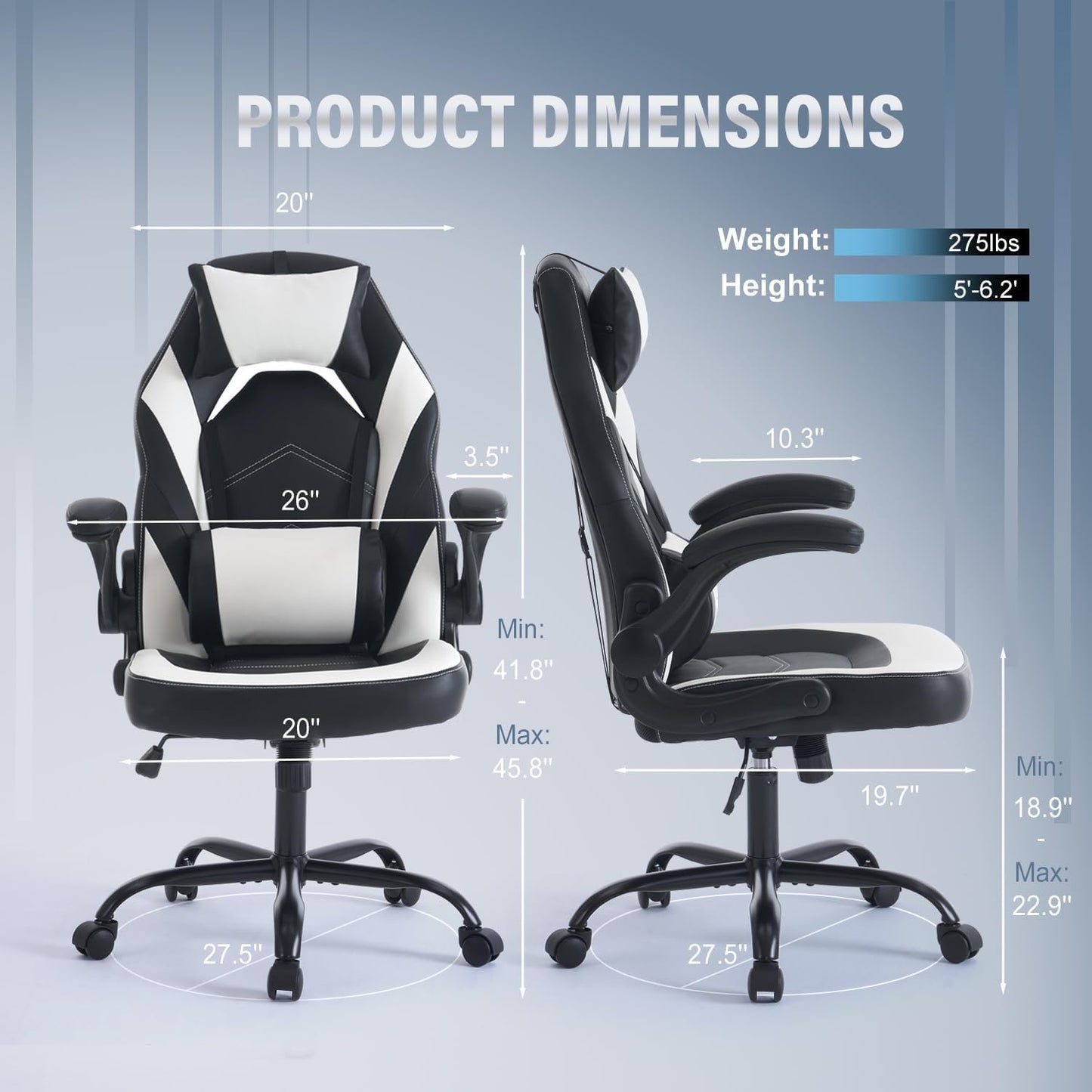 OLIXIS Computer Gaming Desk Chair - Ergonomic Video Game with Comfy Lumbar Support and headrest, PU Leather with Flip-up Arms, Adjustable Height and Swivel Wheels, for Adults, Black