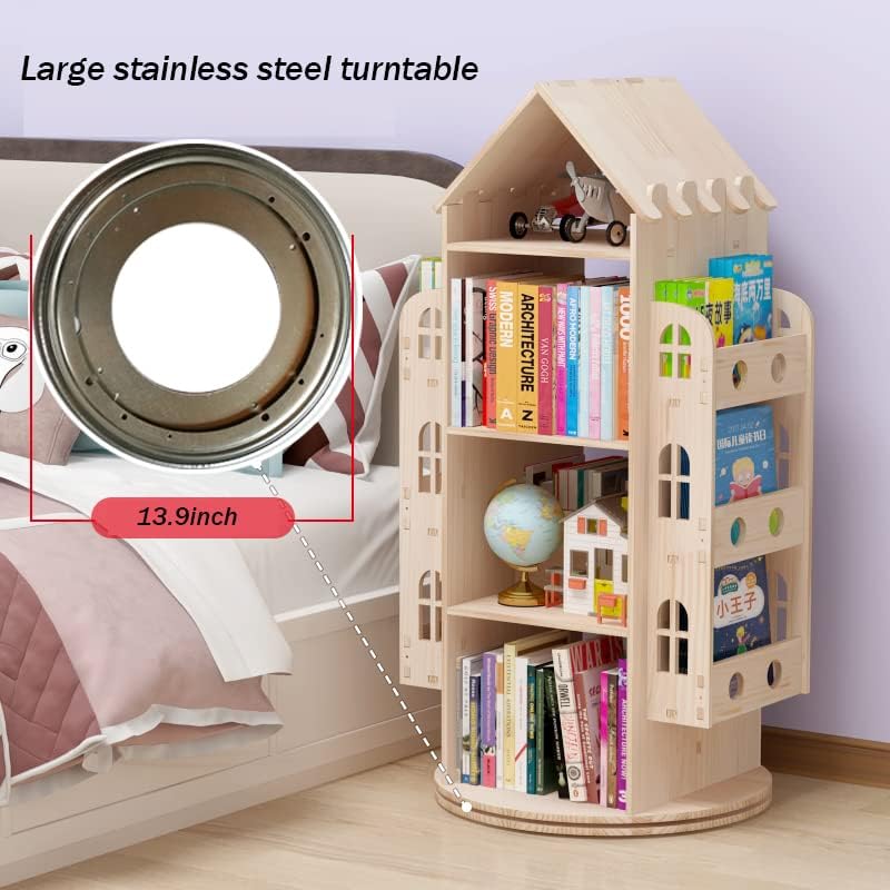 Rotating Bookshelf, 360 Display Floor Standing Bookcase Storage Rack, Wood Storage Organizer for Kids