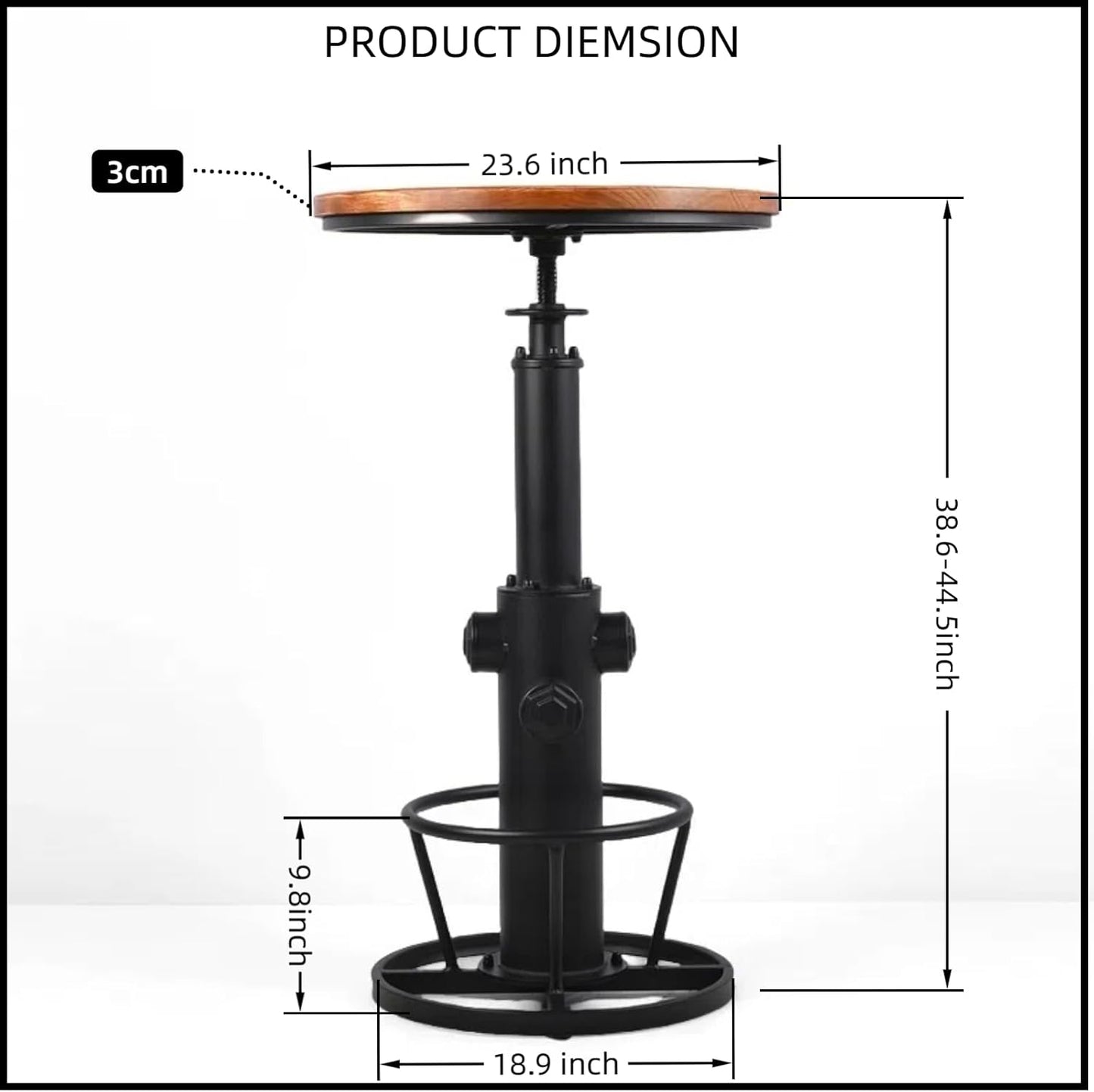 Vintage Bistro Table Height Adjustable 38.6-44.4inch Industrial Bar Table for Kitchen Dining Room Coffee House Pub Office Swivel Round Wooden Top for 2-3 People