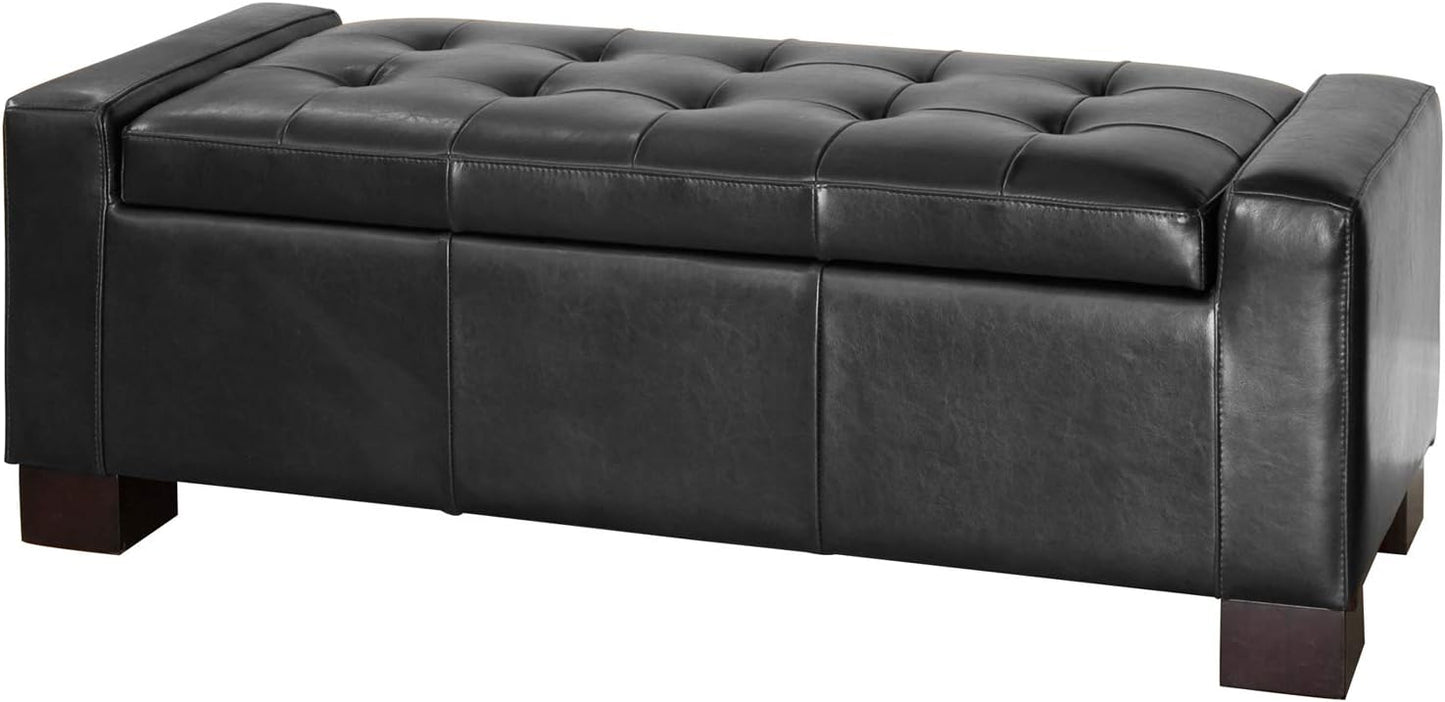 Ball & Cast 50.8" Upholstered Leather Storage Ottoman with Tufted Waffle Stitch,End Bench w/Uses Pressure Hinges and Wood Legs,Entryway Footrest Stool for Living Room & Bedroom,Black