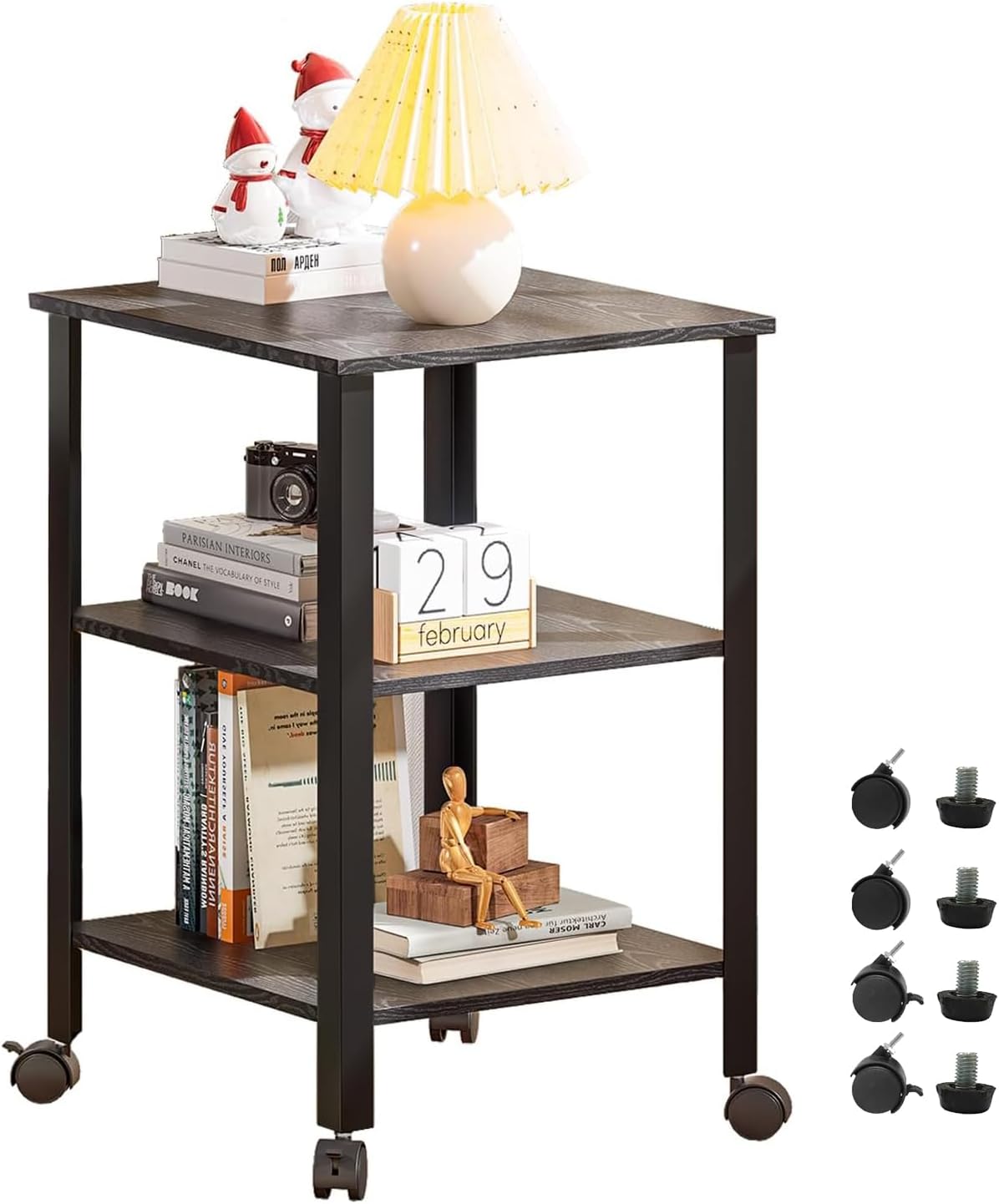 Side Table, End Table with Wheels, Printer Stand with 3-Tier Storage, Bedside Table, Bedroom, Office, Kitchen, Metal Frame, Easy Assembly -Grey
