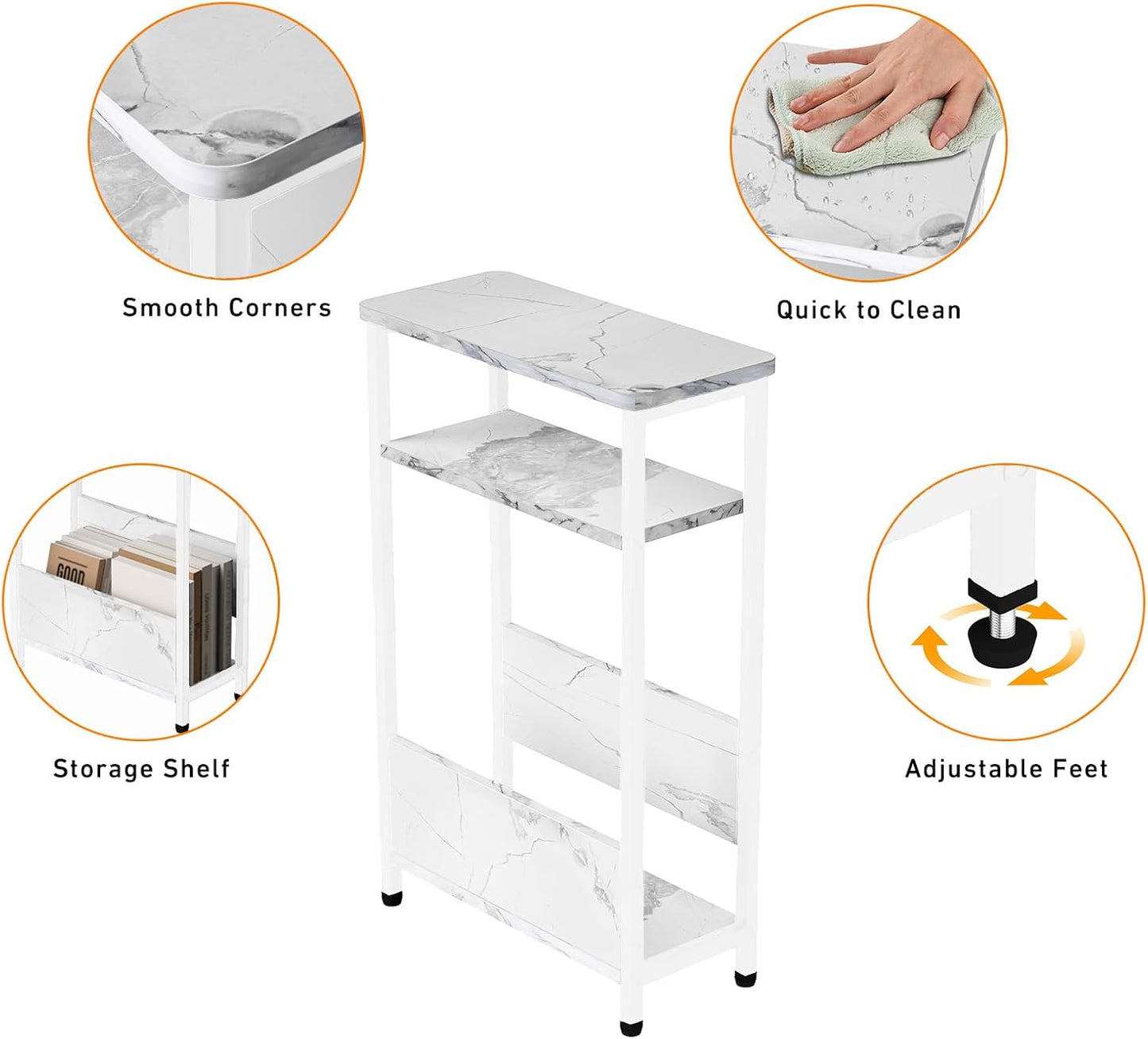 7.1" Narrow Side Table for Small Spaces, 3 Tier Small End Table with Magazine Holder, Slim/Skinny Nightstand/Bedside Table, 15.4" L x 24.2" H, Faux White Marble with White Legs