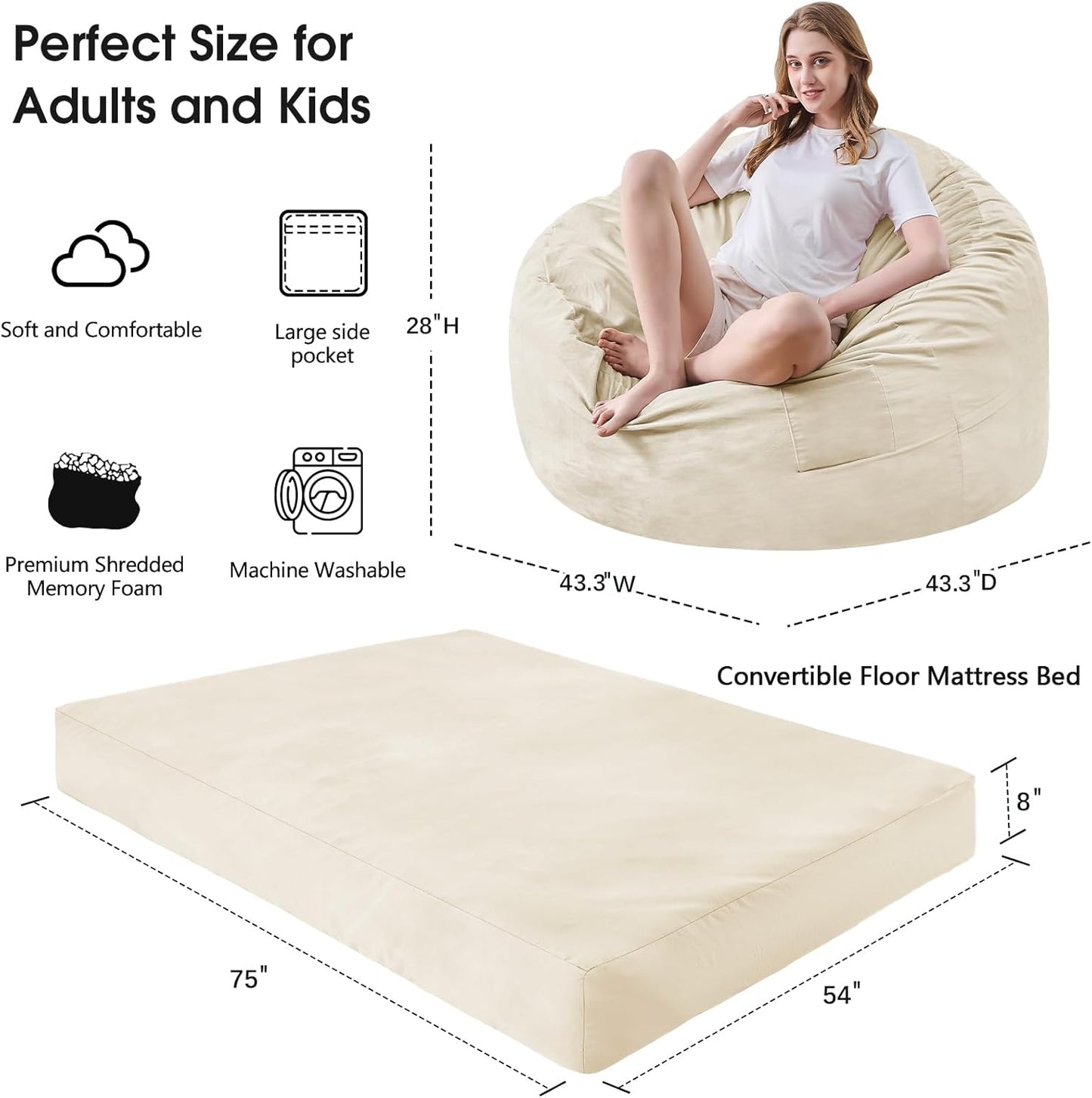 Bean Bag Chairs for Adults - Giant Bean Bag Chair Convertible Bean Bag Bed - Beanbag Chair with Micro Fiber Cover/Furniture Foam Filler - Floor Couch Sofa in Bedroom Dorm Room - Full Beige