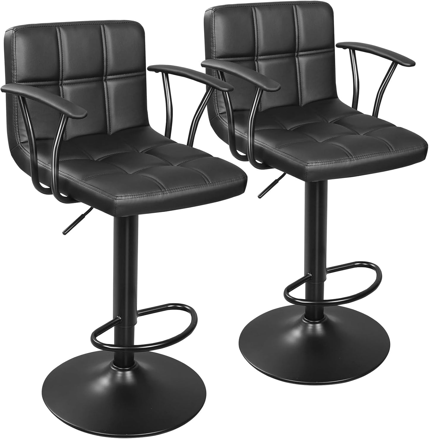 Bar Stools Set of 2, Armrest Adjustable Swivel Barstools with Back, Double Needle PU Leather Counter Height Chairs for Kitchen lsland (Black)