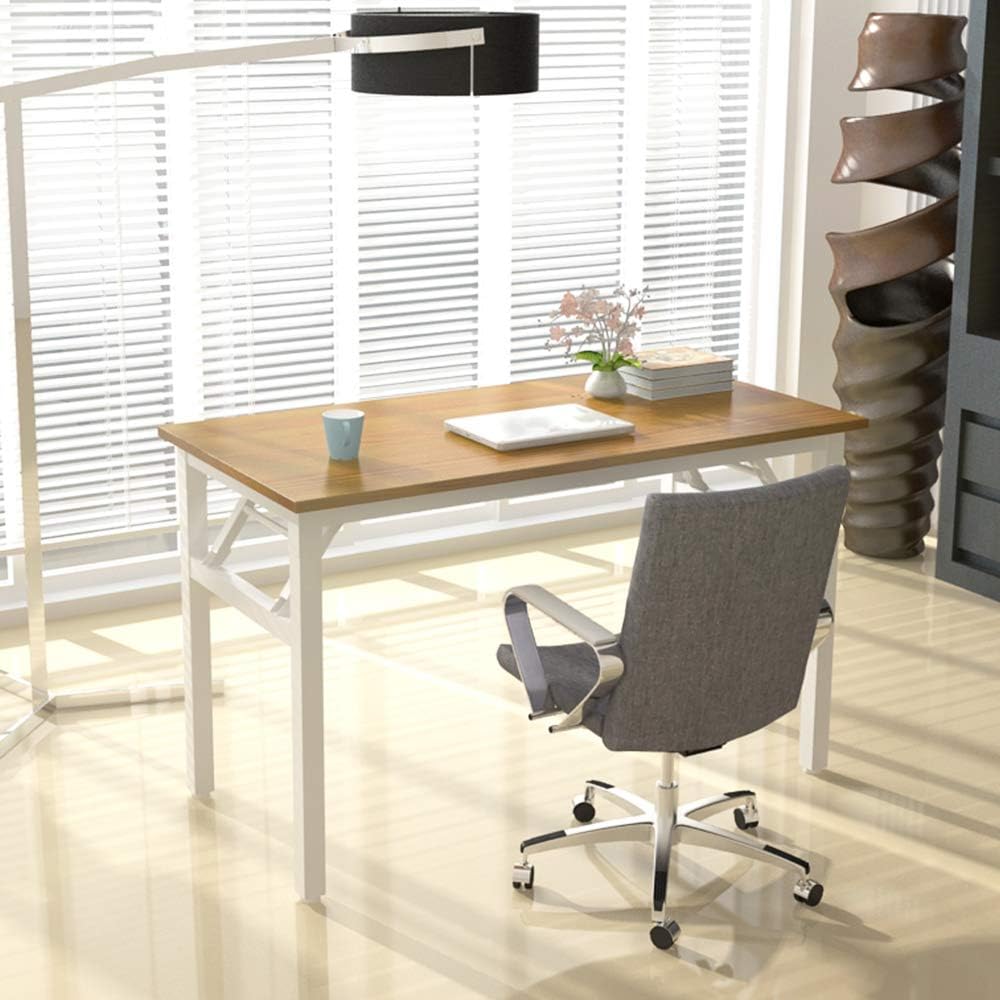 SDHYL 47 inches No Assembly Foldable Computer Desk for Home Office Workstation, Simple Folding Study and Writing Table with Metal Frame, Teak and White