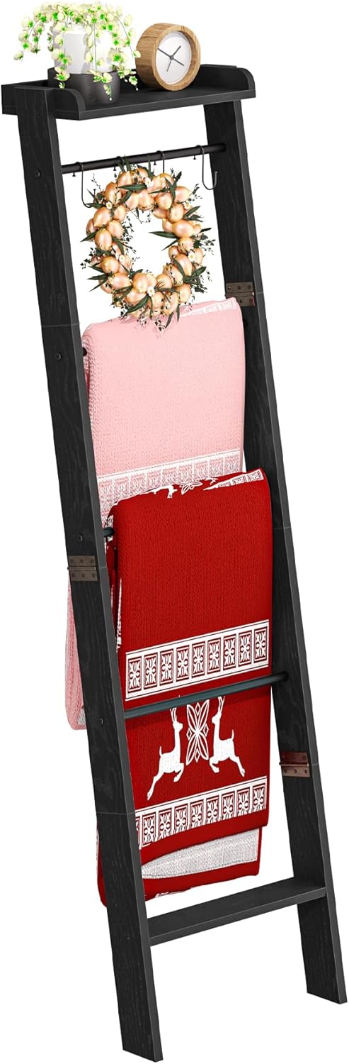 Blanket Ladder Shelf for Living Room, Decorative Quilt Rack with Storage Shelf, 6-Tier Farmhouse Ladder Holder Organizer with 4 Removable Hooks for Bedroom, Black BR35804B