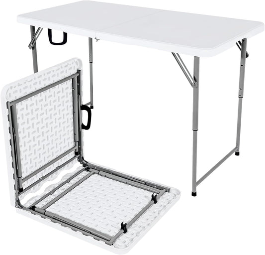 48" W x 24" D x 29.5" H - 4FT Adjustable Height Heavy Duty Plastic Fold-in-Half Foldable Table，White Portable Folding Table with Carrying Handle for Camping & Party