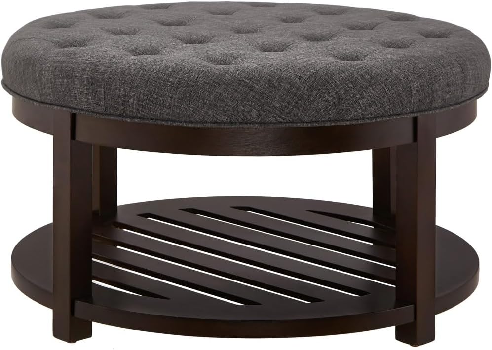 24KF Large Round Upholstered Tufted Linen Ottoman Coffee Table, Large Footrest Ottoman with Wood Shelf Storage,Dark Gray