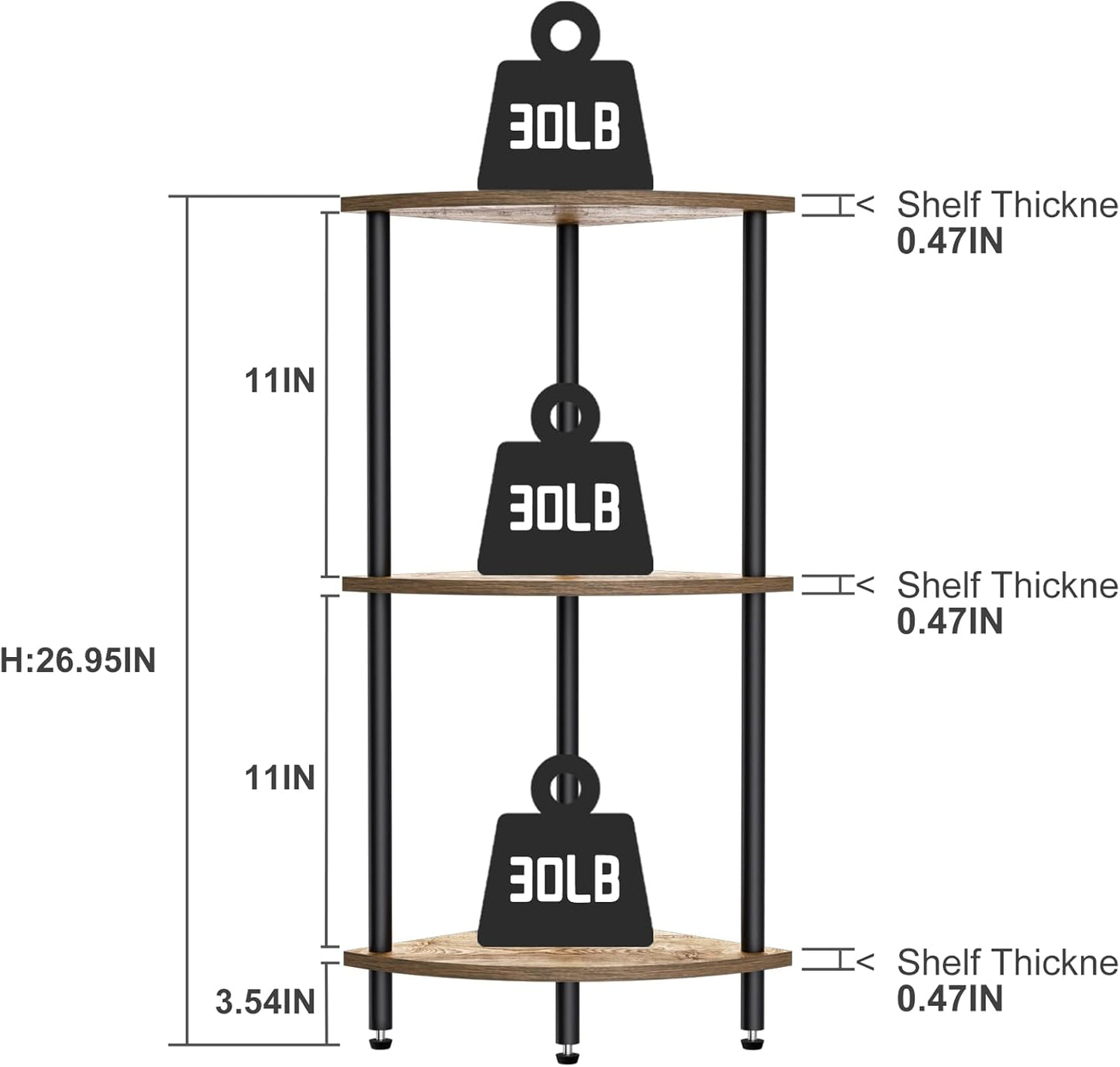 3 Tier Corner Shelf,Corner Bookcase for Small Spaces, Display Shelf,Narrow Bookshelf,Rustic Brown and Black,Suitable for Bedroom,Living Room,Kitchen