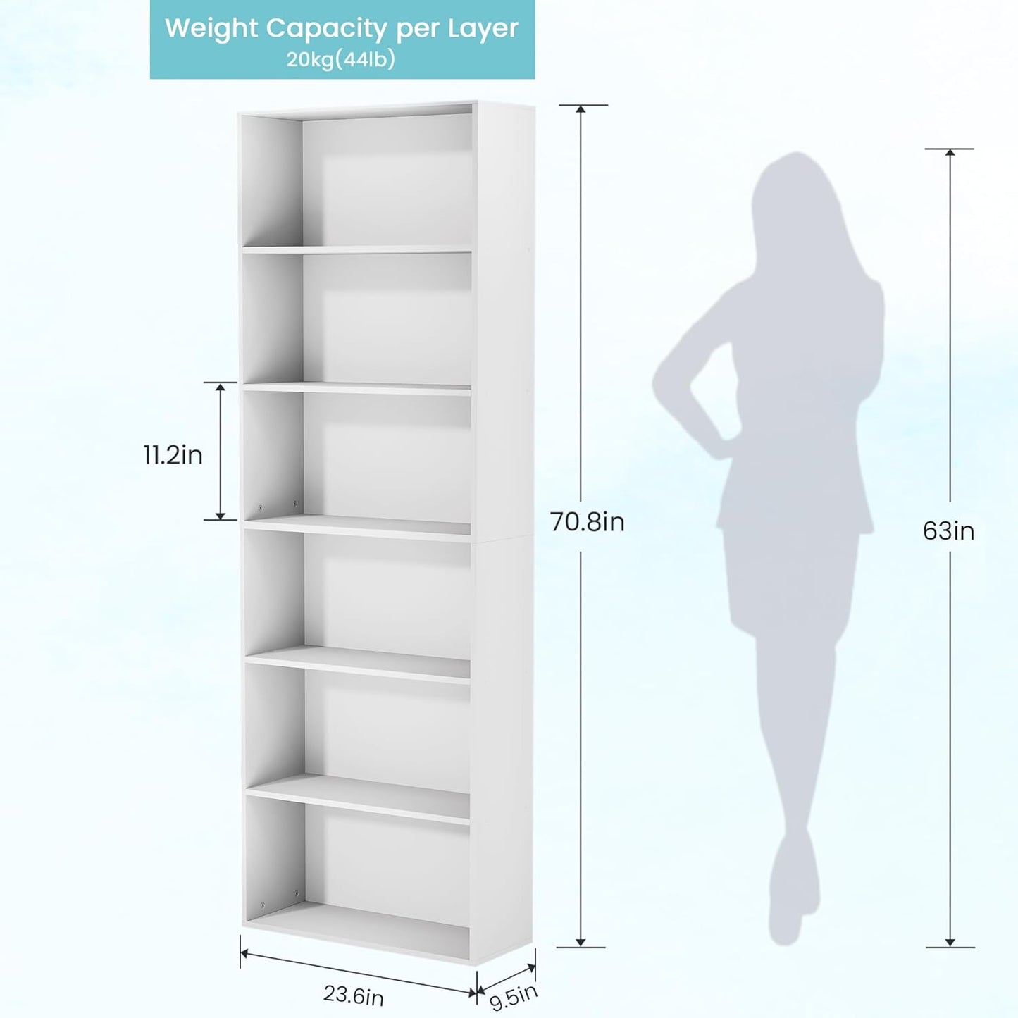 71" Tall Bookcase, 6-Tier Open Display Storage Shelves, Floor Standing Large Book Shelf for Living Room, Home Office, Bed Room, White