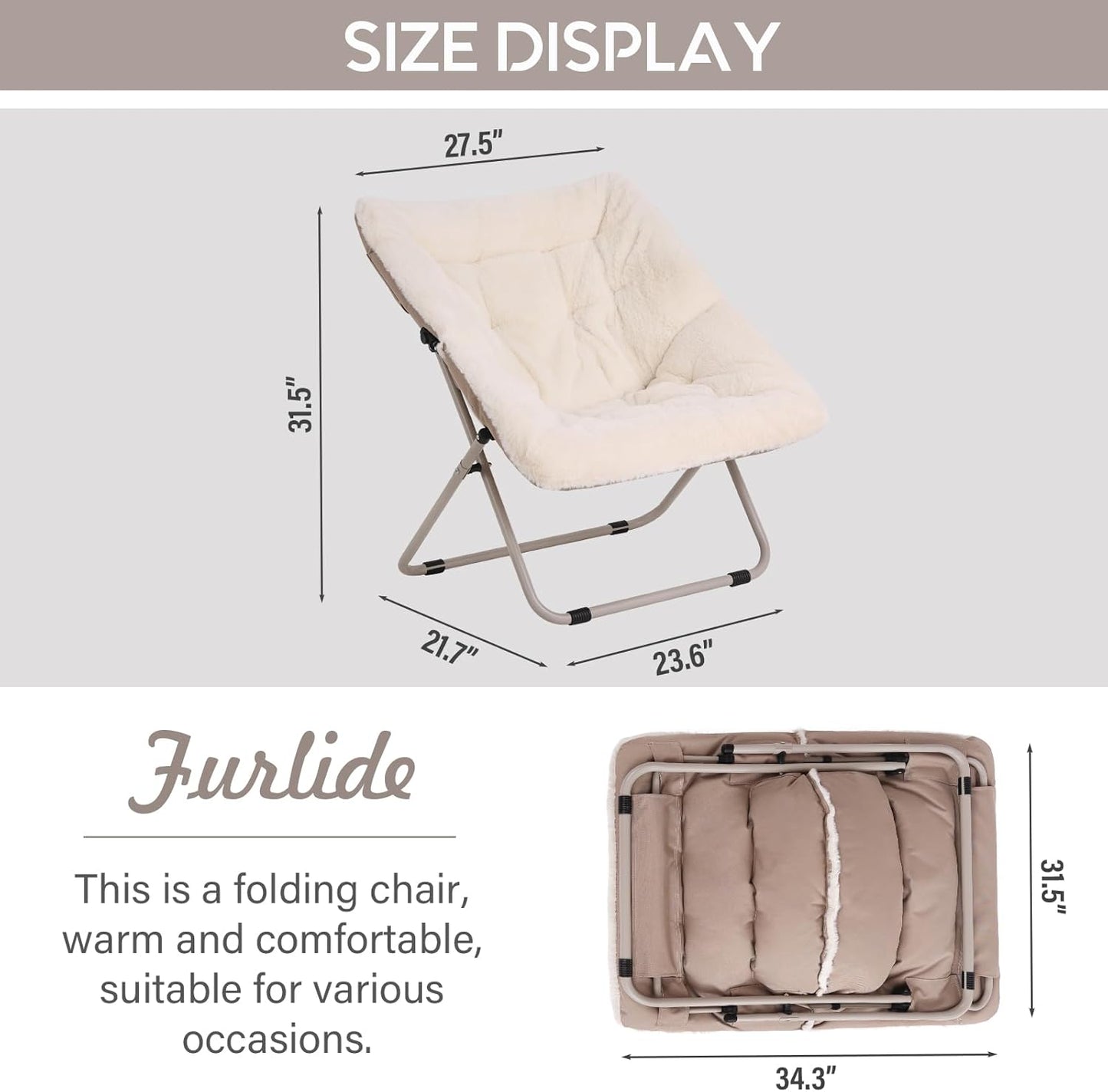Saucer Chair, Comfy Bedroom Chairs, Oversized Folding Faux Fur Chair, Foldable Metal Frame Chair for Living Room, Balcony, Patio, Study, Playroom (Beige)